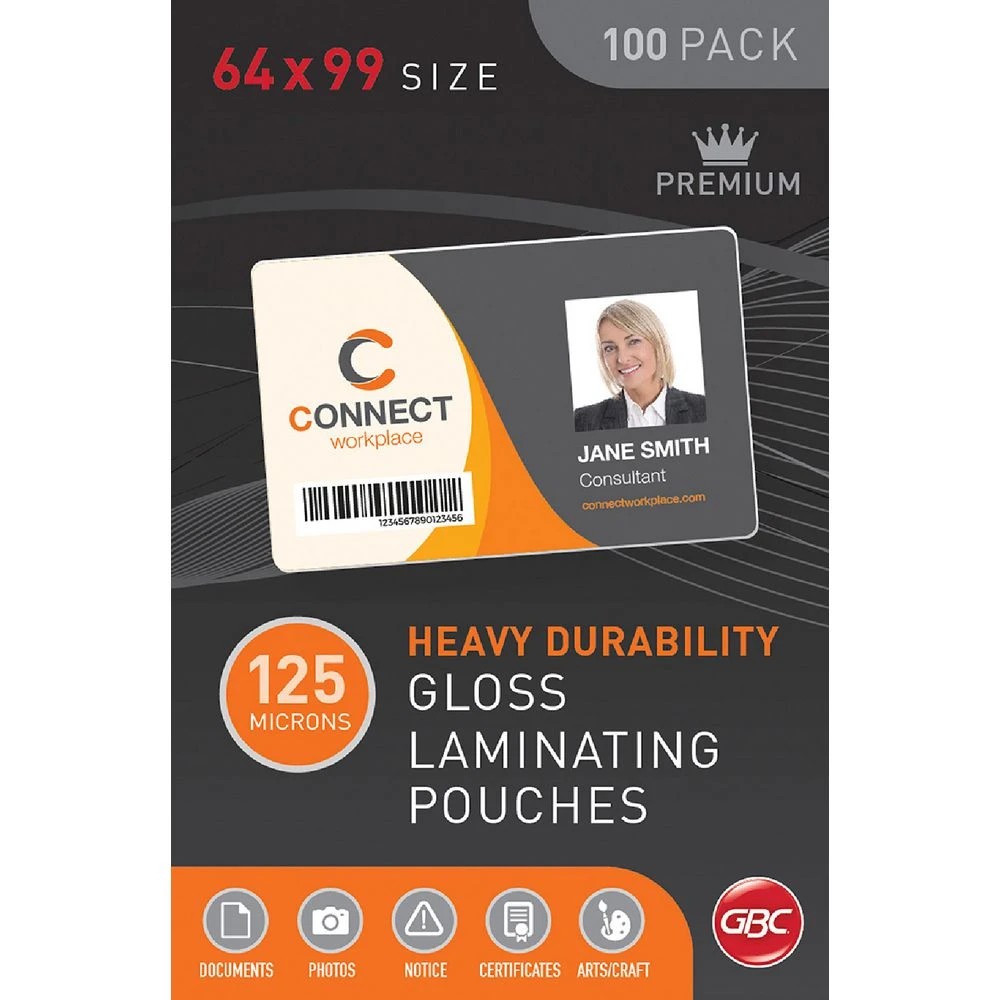 1 GBC Laminating Pouch 64 x 99mm 125micron Gloss 100 Pack, 1 of 1