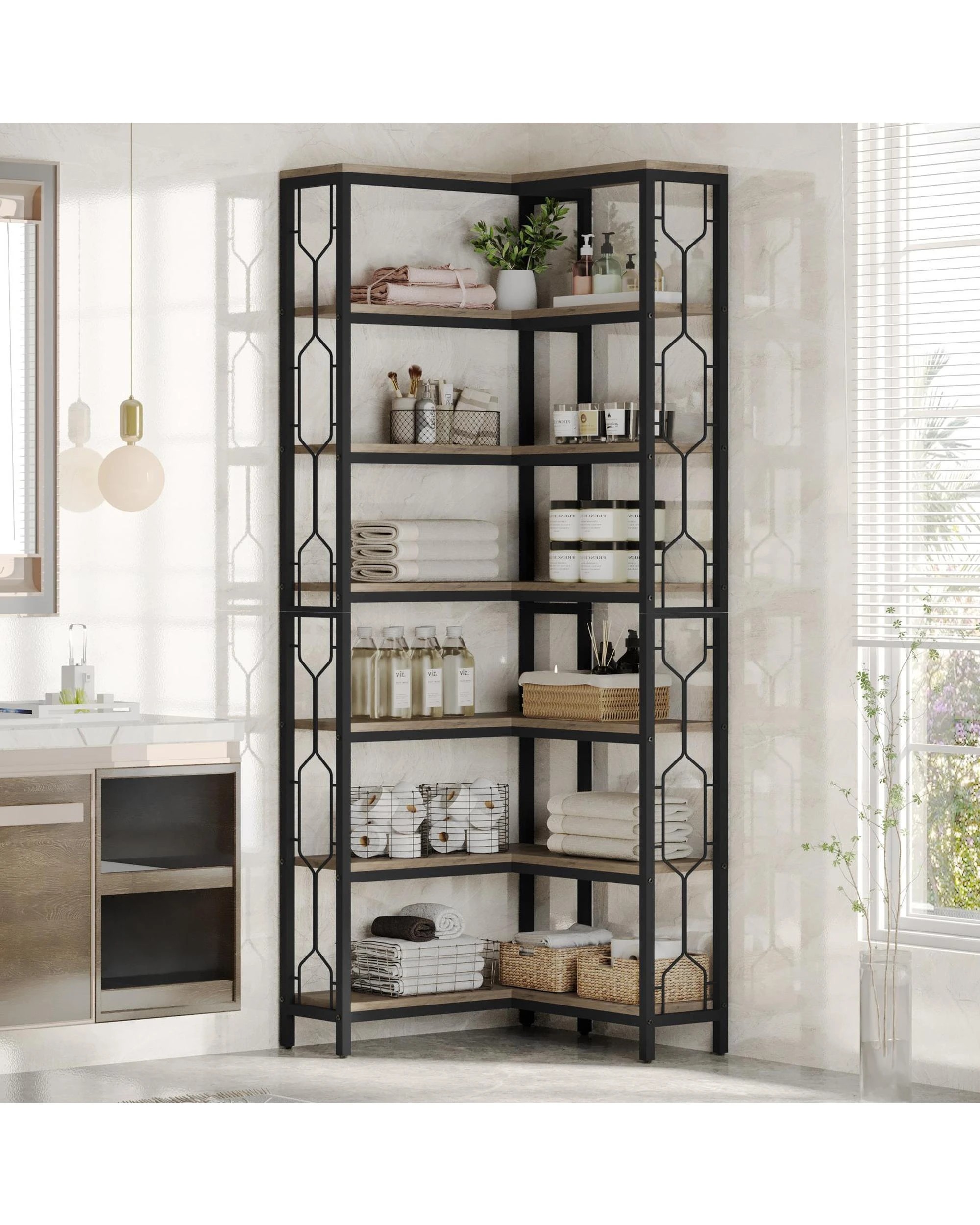 2 OAKORY 200cm L-Shaped Corner Shelf, Freestanding 7-Shelf Bookshelf, Metal Frame Display Rack, 2 of 6