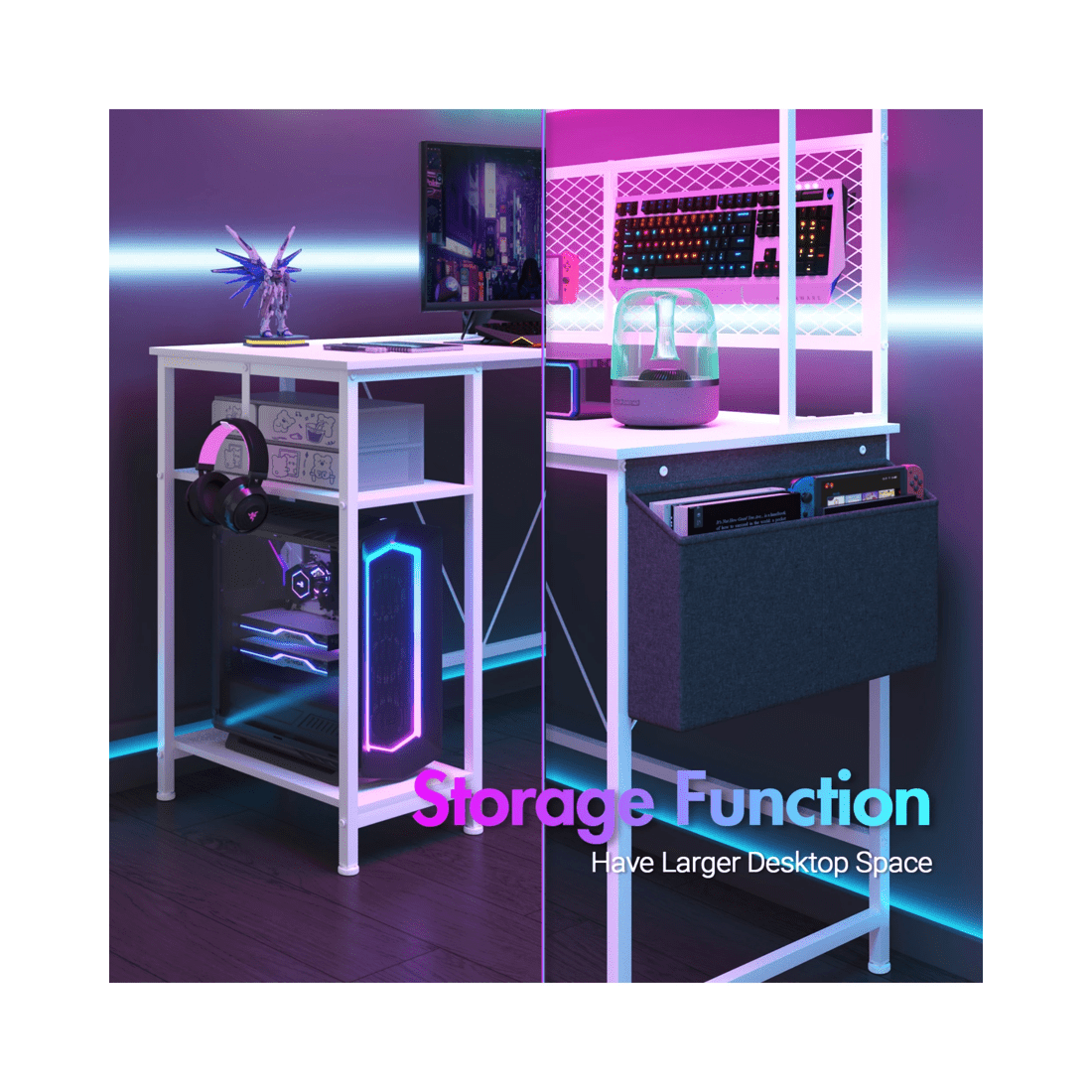 6 Advwin 170cm L Shaped Gaming Desk With Led Lights & Power Outlets Reversible Storage Shelf Computer Corner Desk White, 6 of 10
