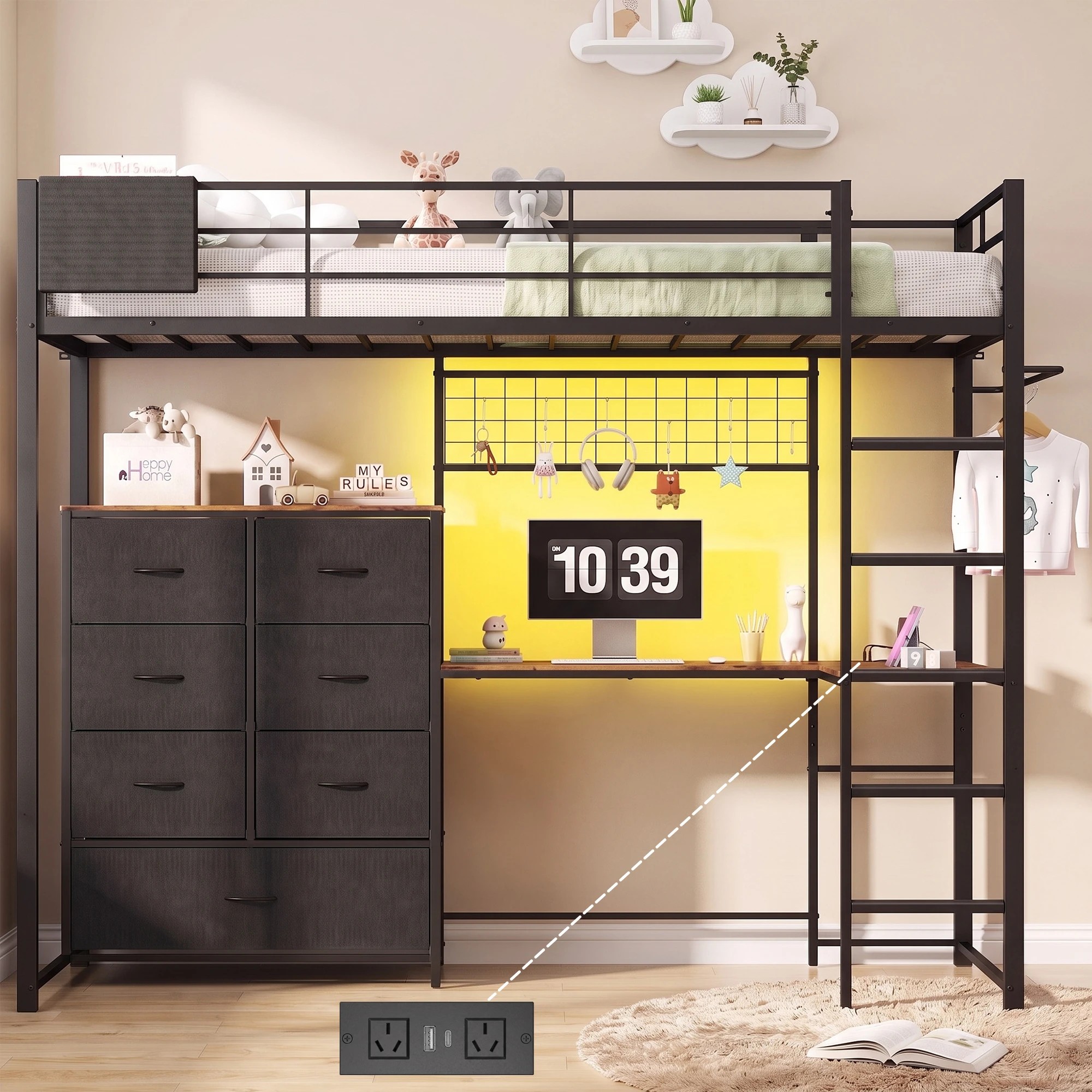 Advwin Loft Bed Frame with L-Shaped Desk and 7 Storage Drawers Single ...