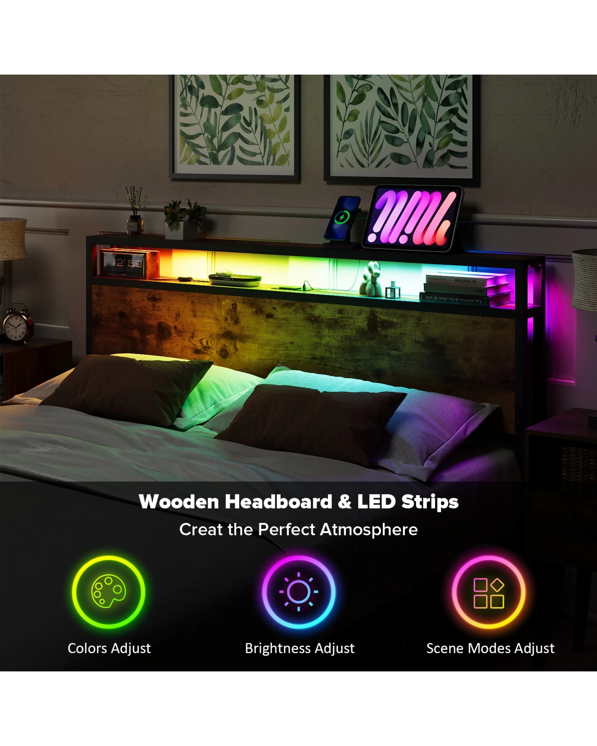 8 Advwin Queen Bed Frame With Charging Station & Rgb Led Lights Storage Headboard, 8 of 8