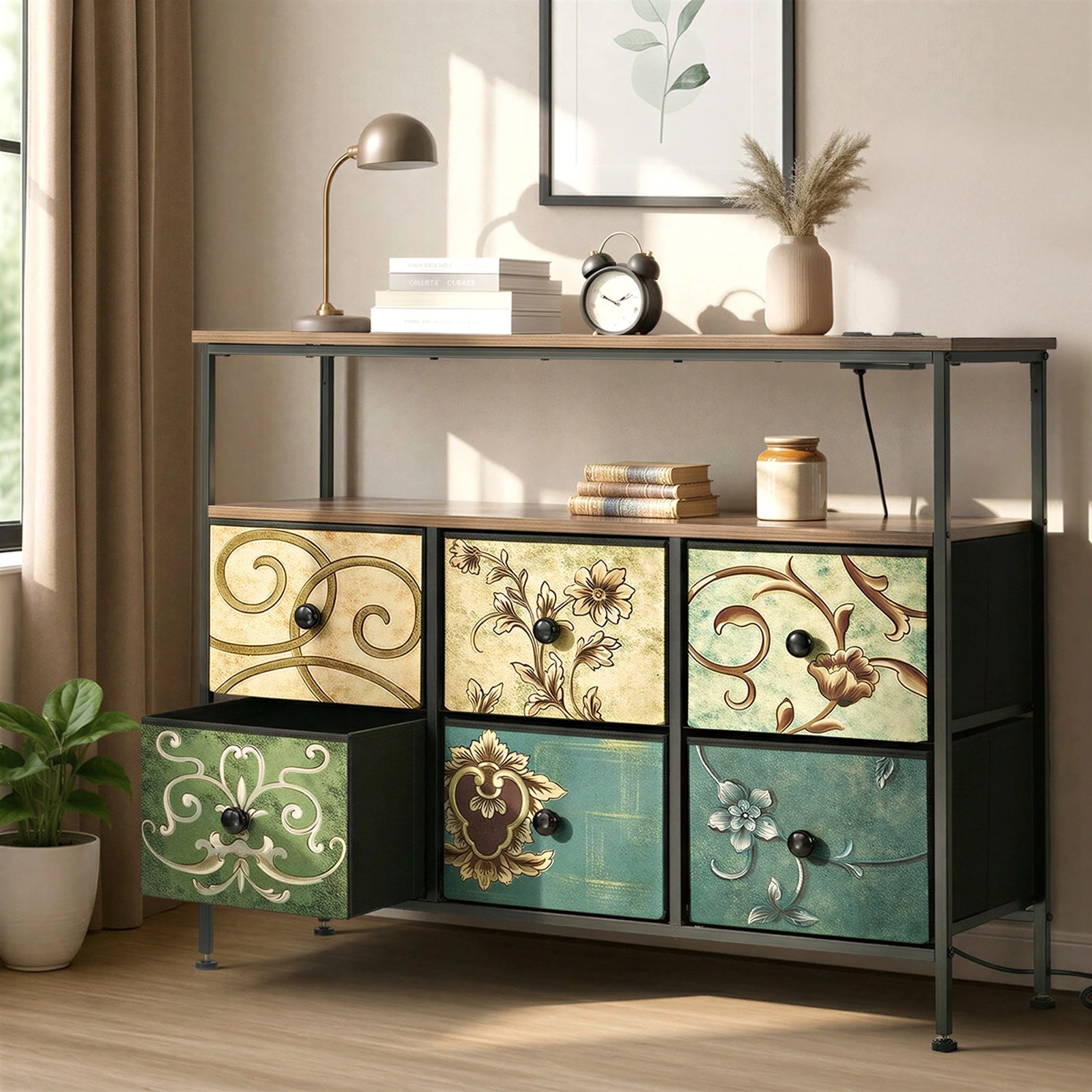 4 Oikiture 6 Chest of Drawers Fabric Retro Dresser Lowboy Shelf Charging Station - Multi, 4 of 6