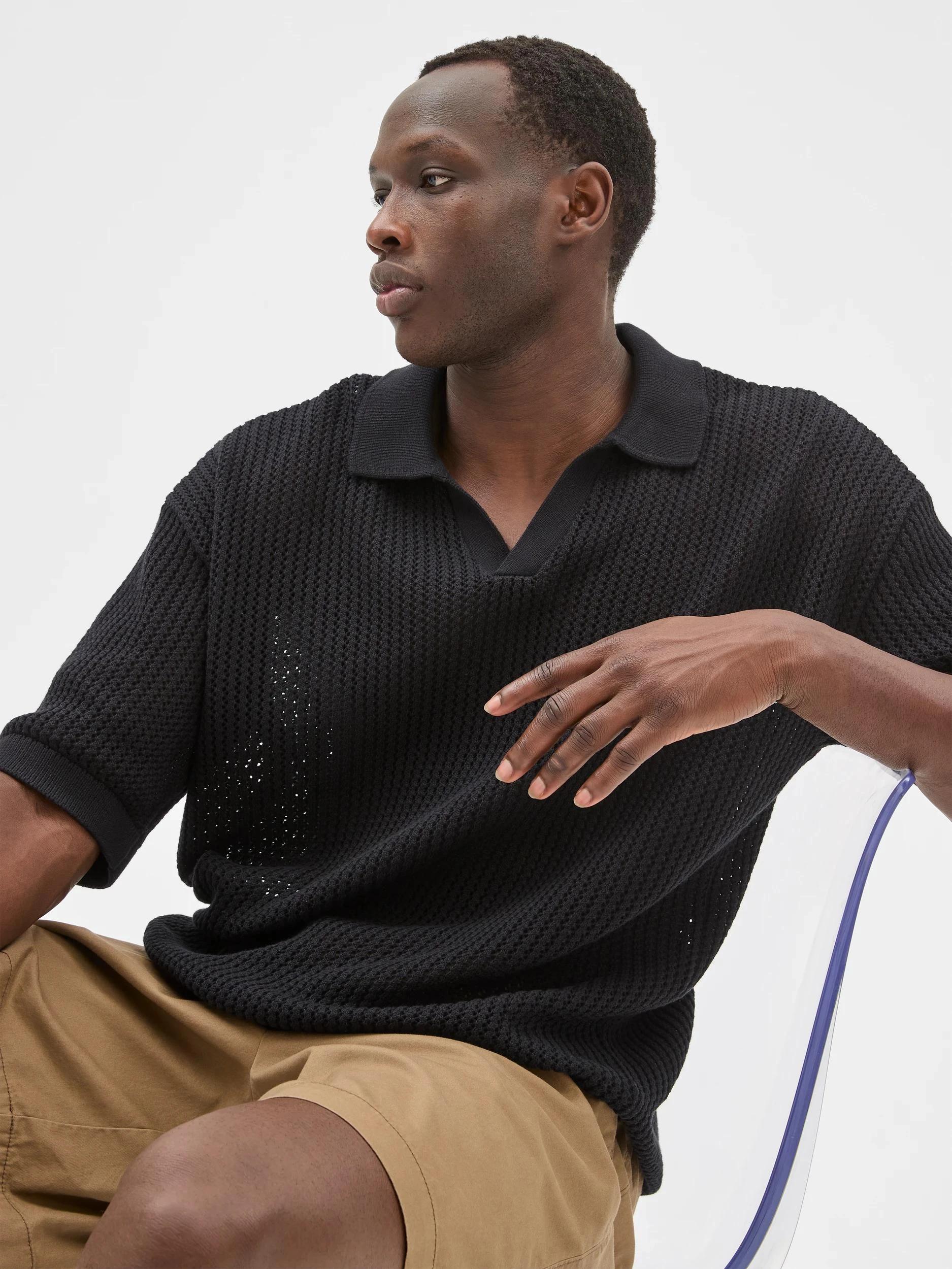 6 Australian Cotton Knit Polo Top - Commons BLACK, 6 of 7