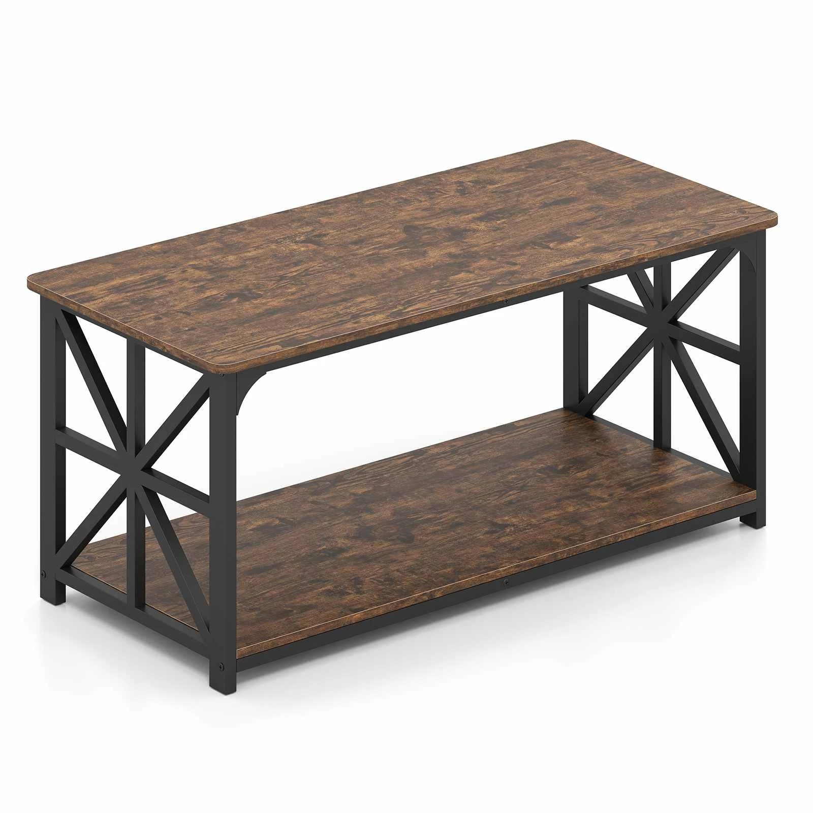 1 Costway 2-Tier Coffee Table Industrial Center Table X Side Frame - Brown, 1 of 4