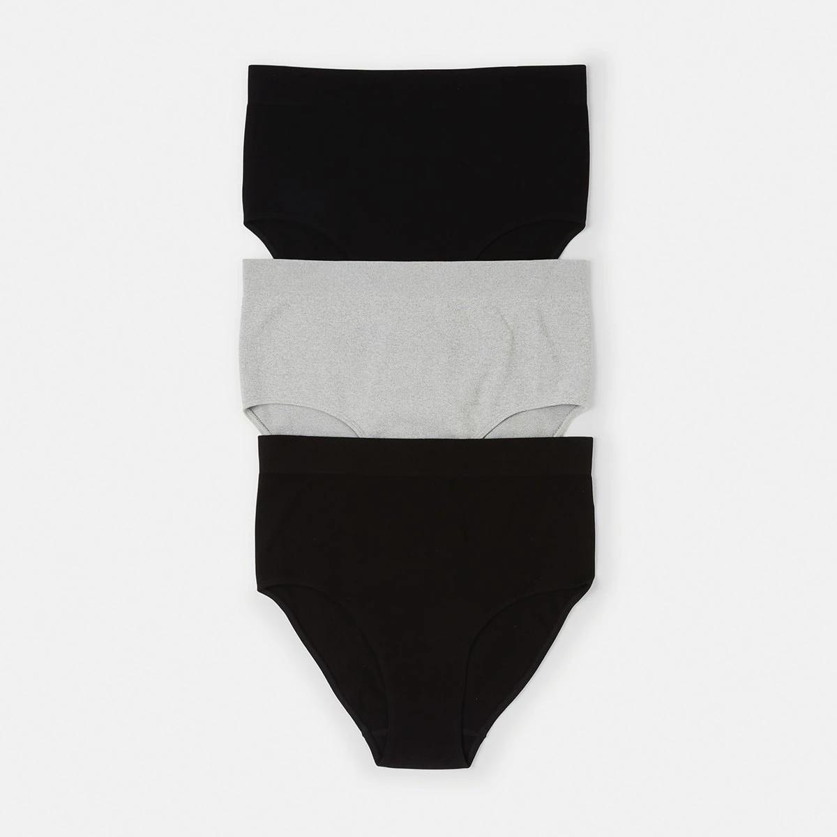 1 3 Pack Curve Rib Seamfree Full Briefs GREY MARLE, BLACK, BLACK, 1 of 8