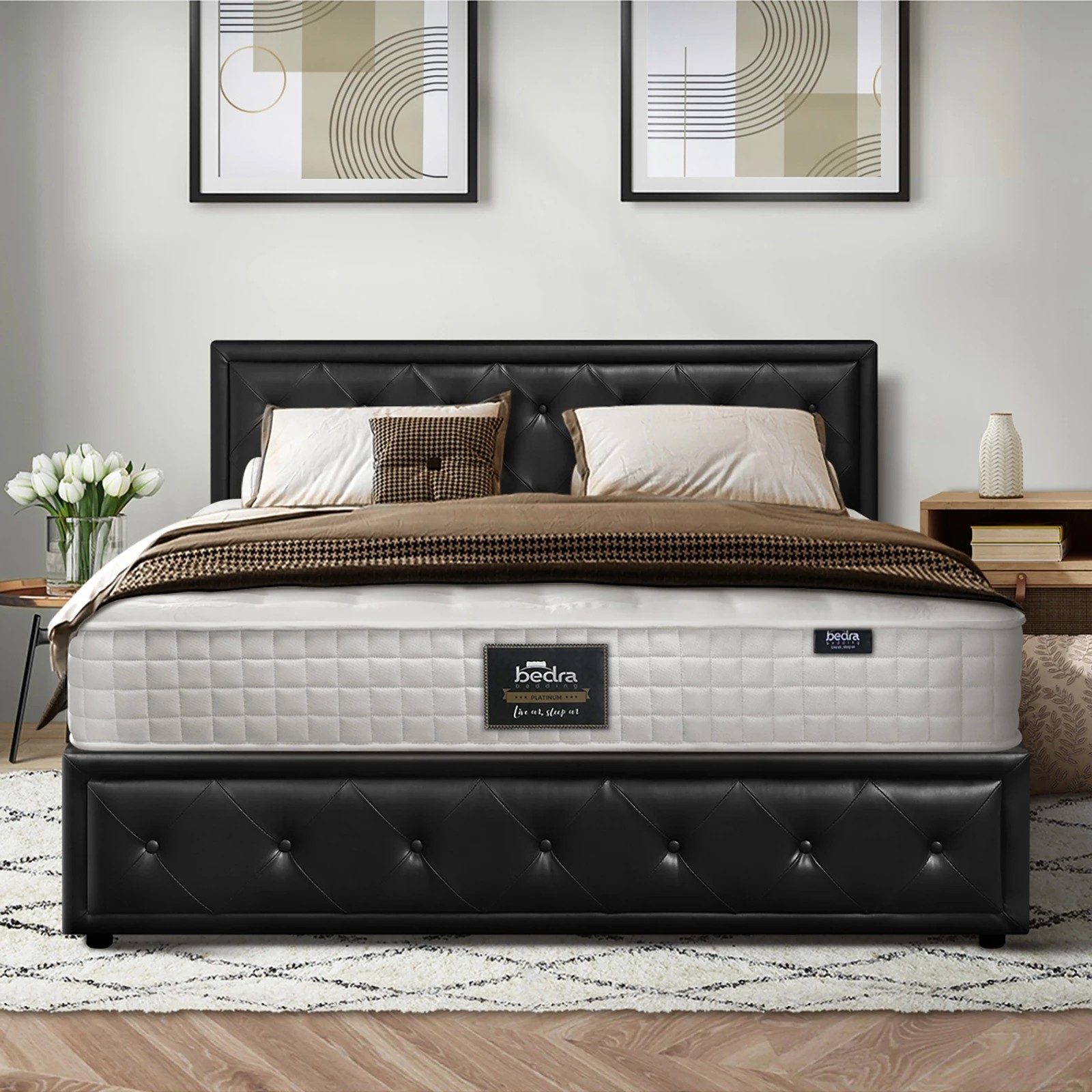 4 Oikiture Queen Bed Gas Lift Storage Base With Mattress Set
 - Black, 4 of 10