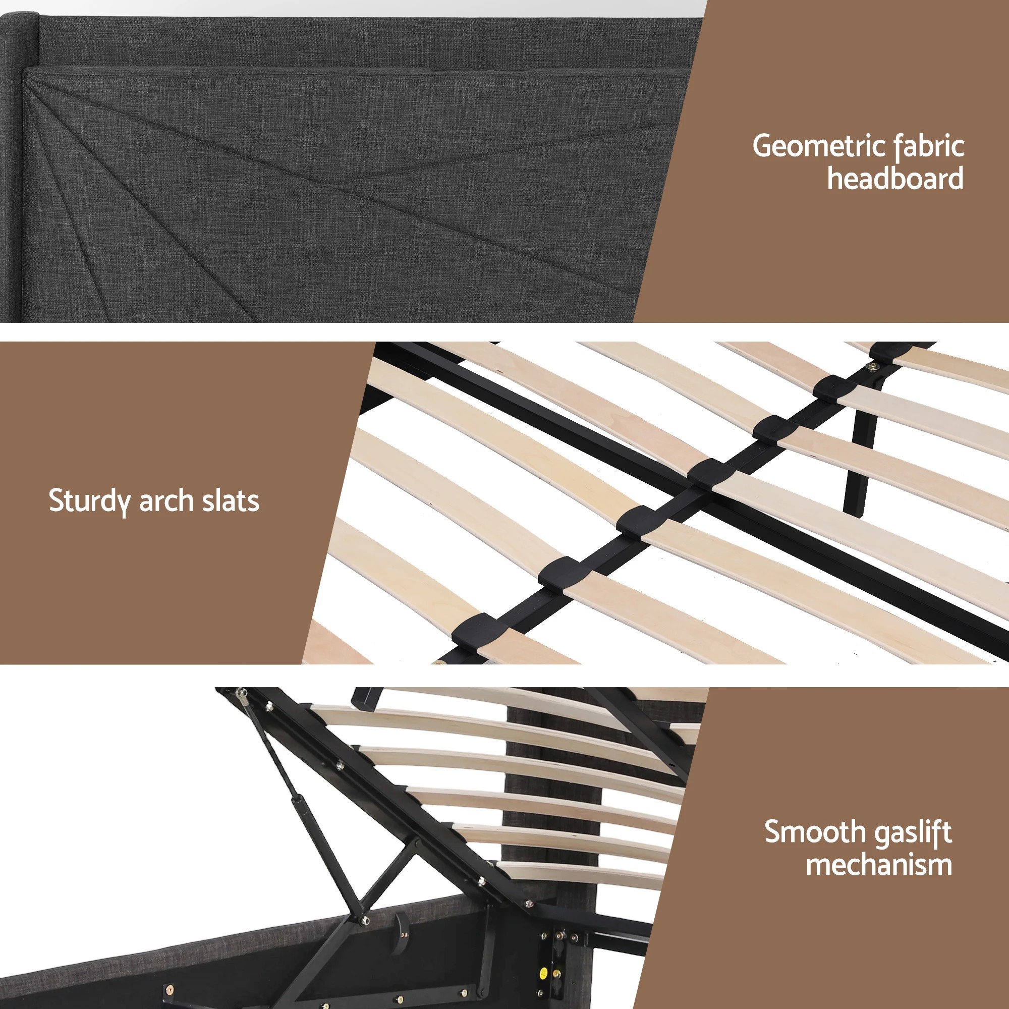 9 Artiss Double Bed Frame Gas Lift Storage Bed with Charging Ports Upholstered Geometric Headboard Charcoal - Black, 9 of 9