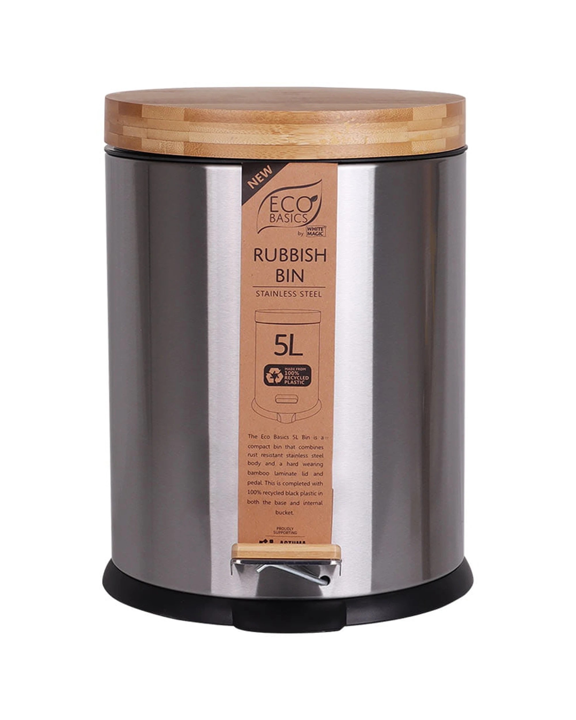 1 White Magic Eco Basics Rubbish Bin 5L Stainless Steel Soft-Close Pedal - Grey, 1 of 3