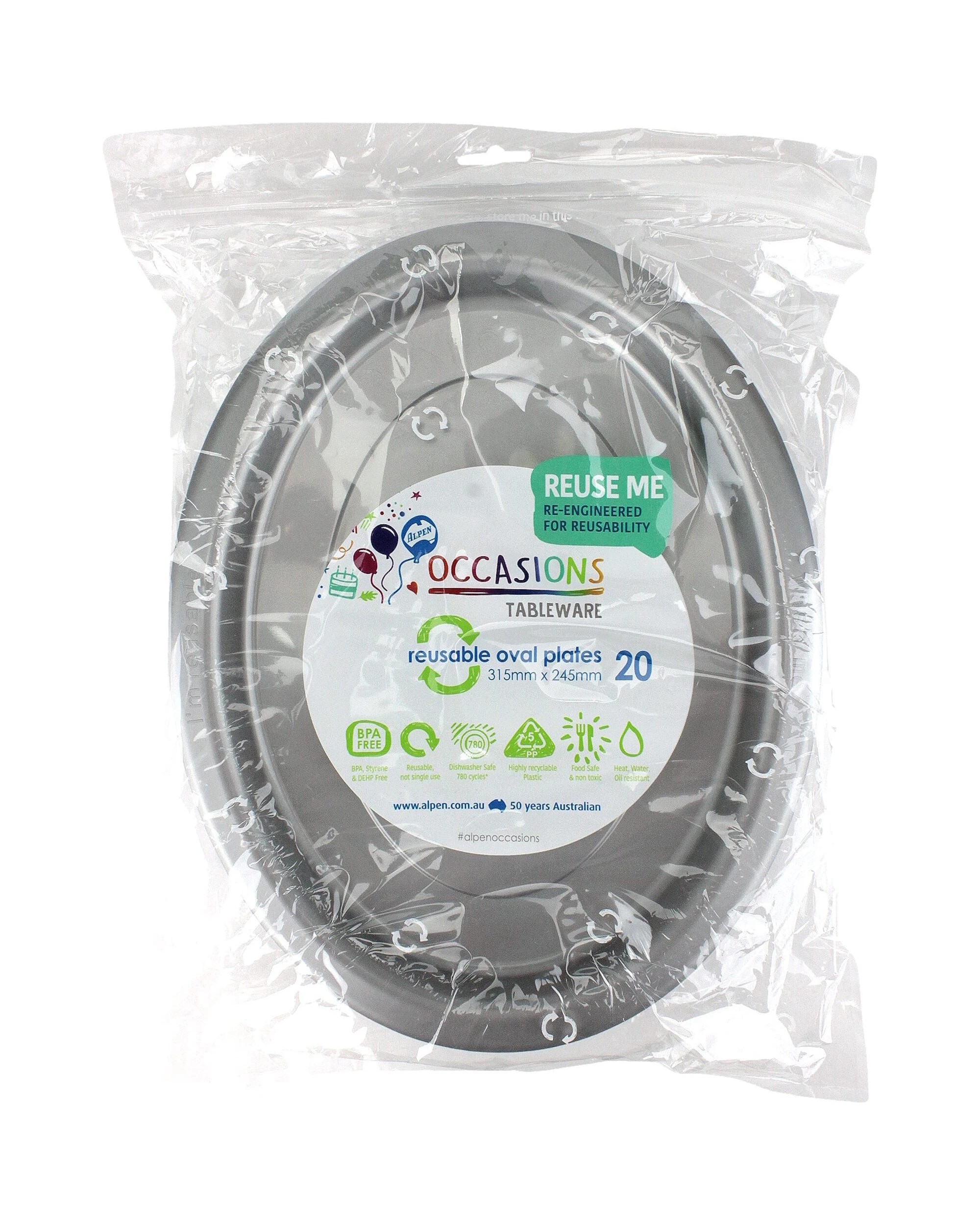2 Alpen Reusable Oval Plates 31.5cm Pack of 20 - Silver - Silver, 2 of 3
