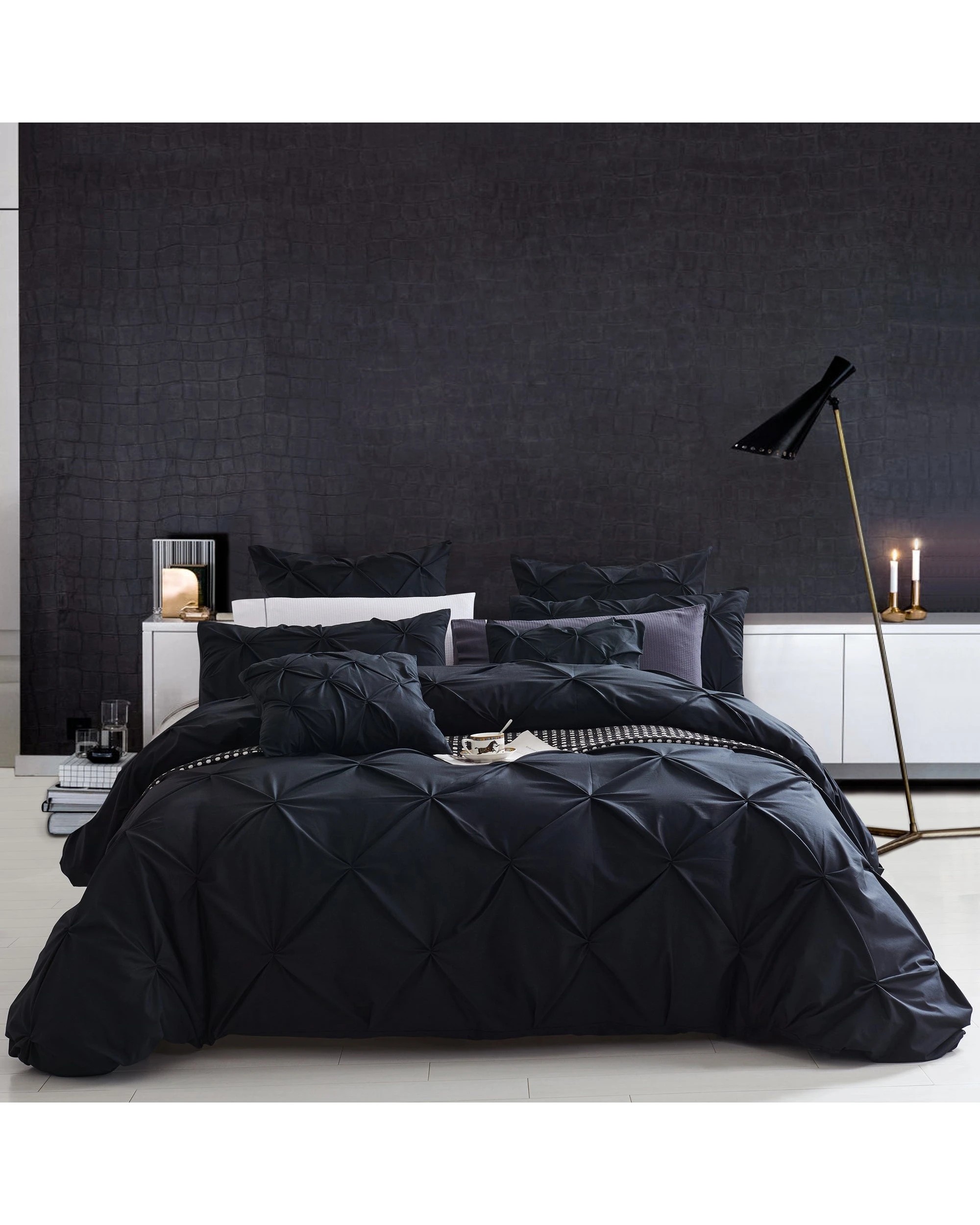 1 Cotton More 100% Cotton Diamond Pinch Pleated Quilt Set Queen - Black, 1 of 5