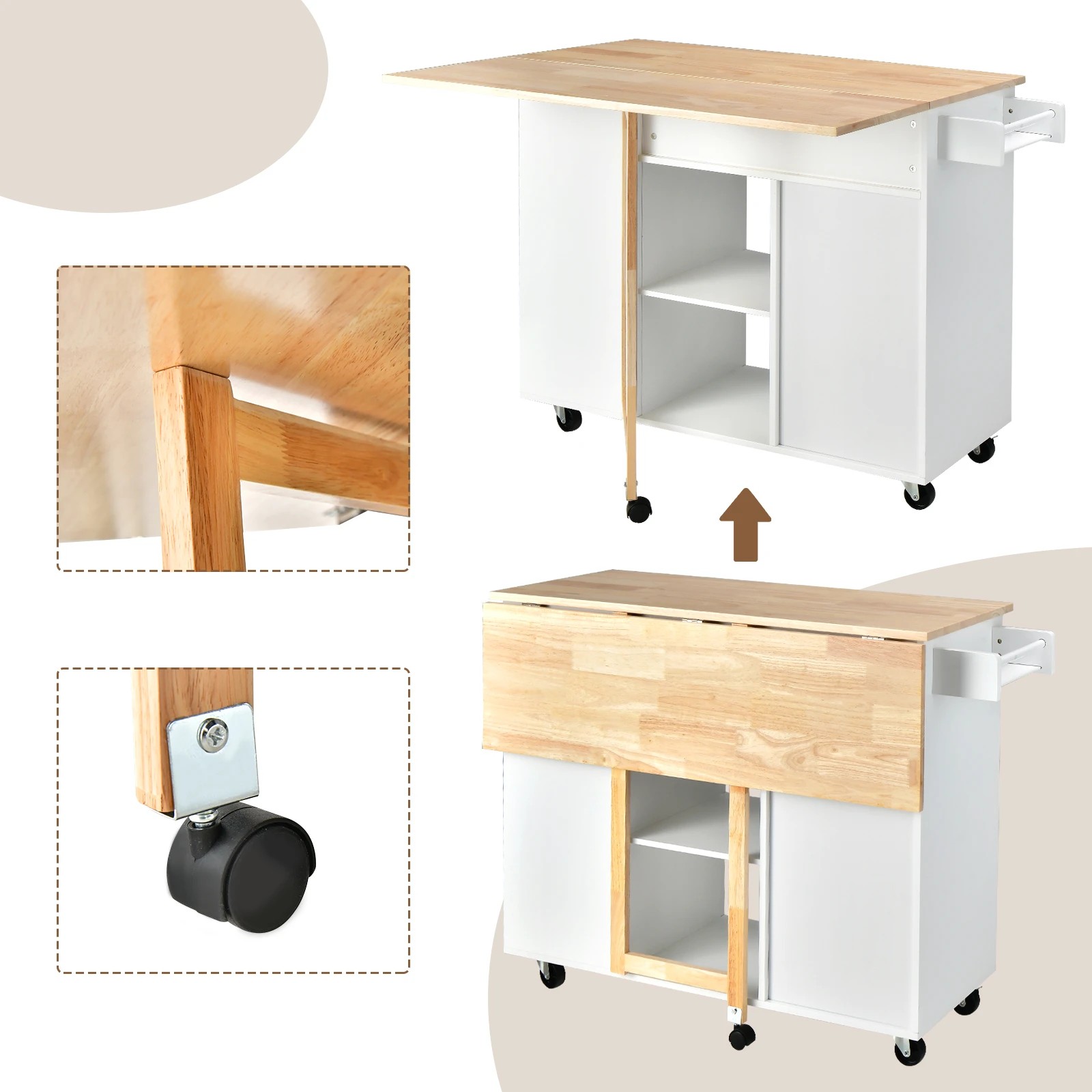 2 Costway Kitchen Island w/Drop Leaf Countertop White, 2 of 8