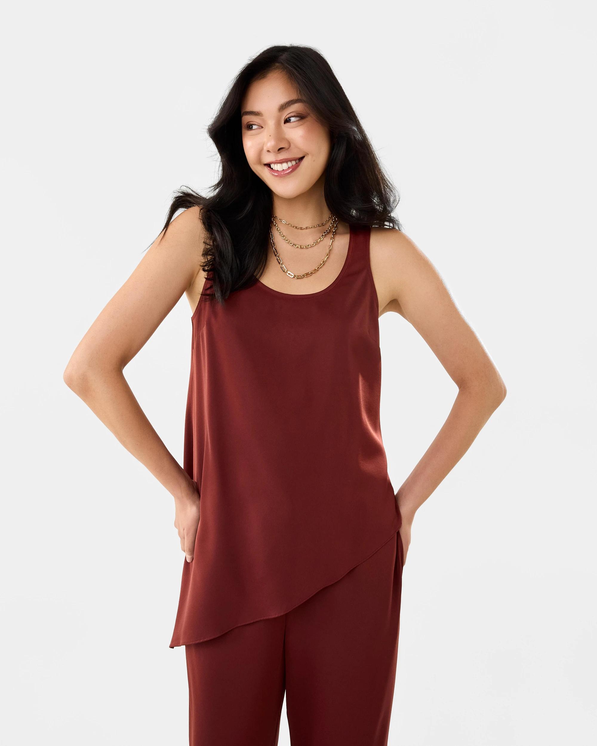 8 Sleeveless Asymmetrical Satin Scoop Tank Burnt Rust, 8 of 8