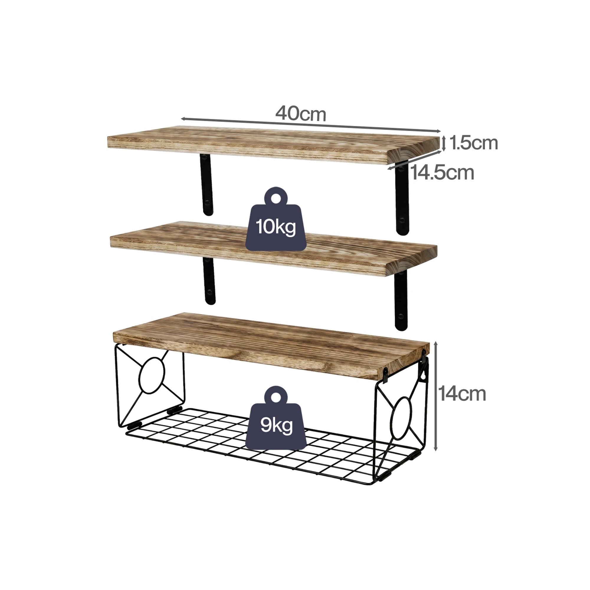 3 Levede Wall Floating Shelves With Wire Strorage Basket  Set Of 3+1 - Brown, 3 of 5