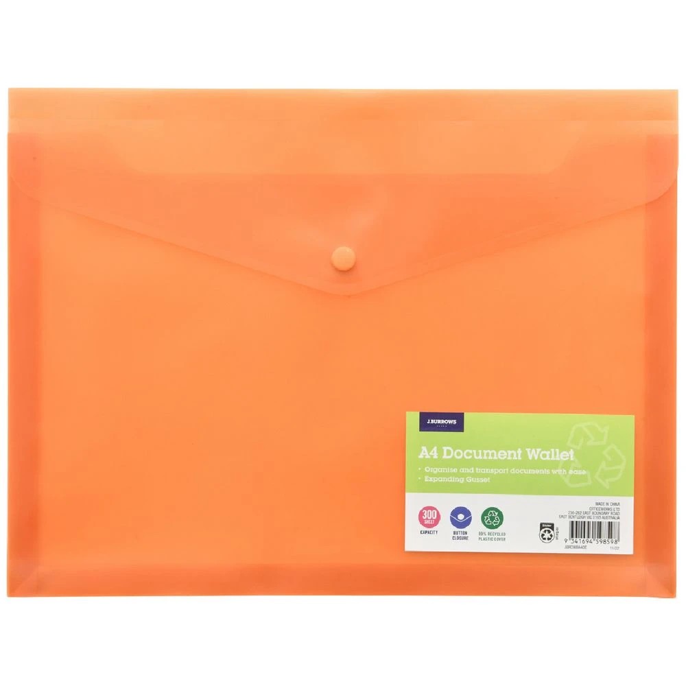 1 J.Burrows A4 Button Document Wallet Orange, 1 of 5