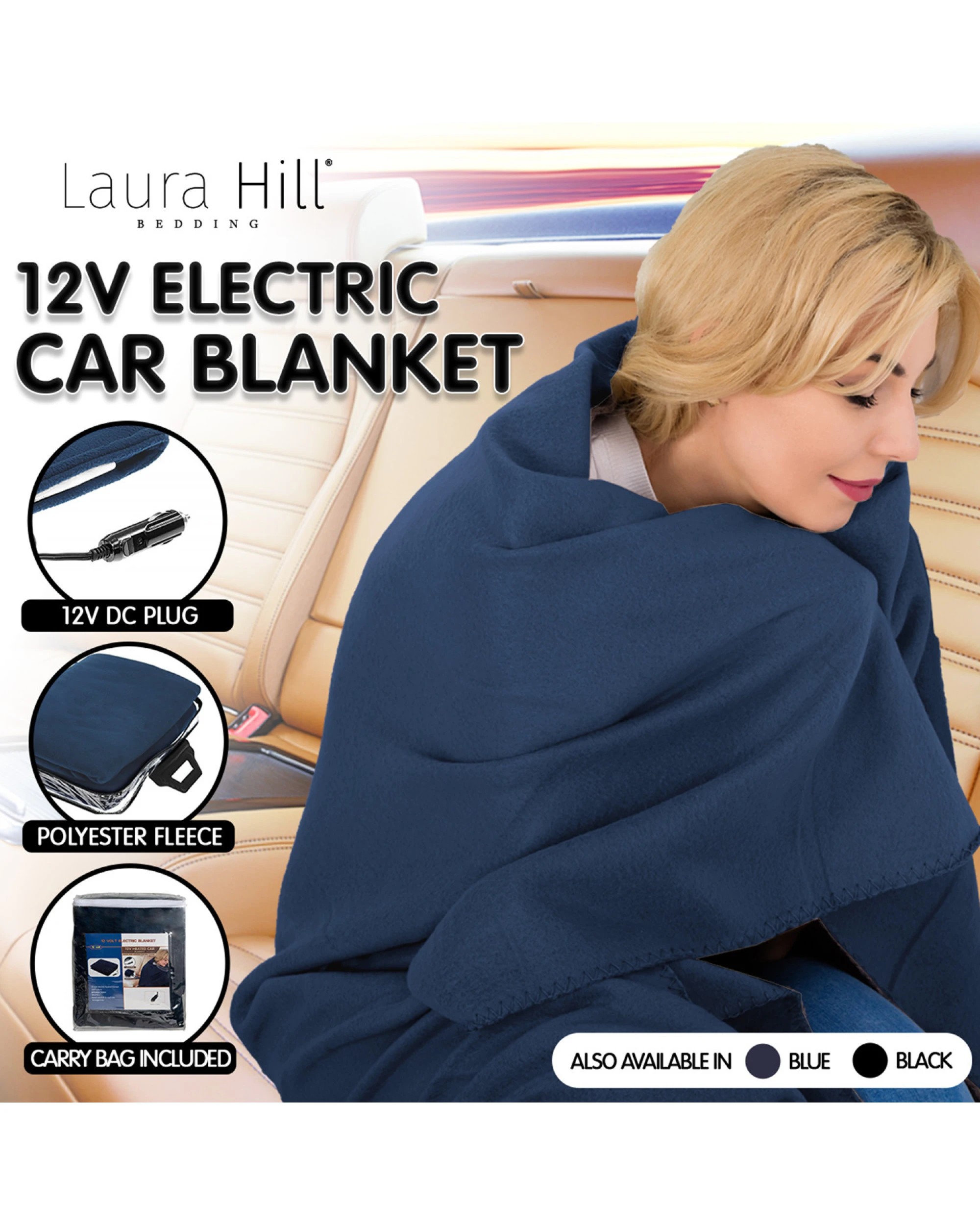 9 Laura Hill Heated Electric Car Blanket 150x110cm 12v - Navy Blue
 - Single Bed, 9 of 9