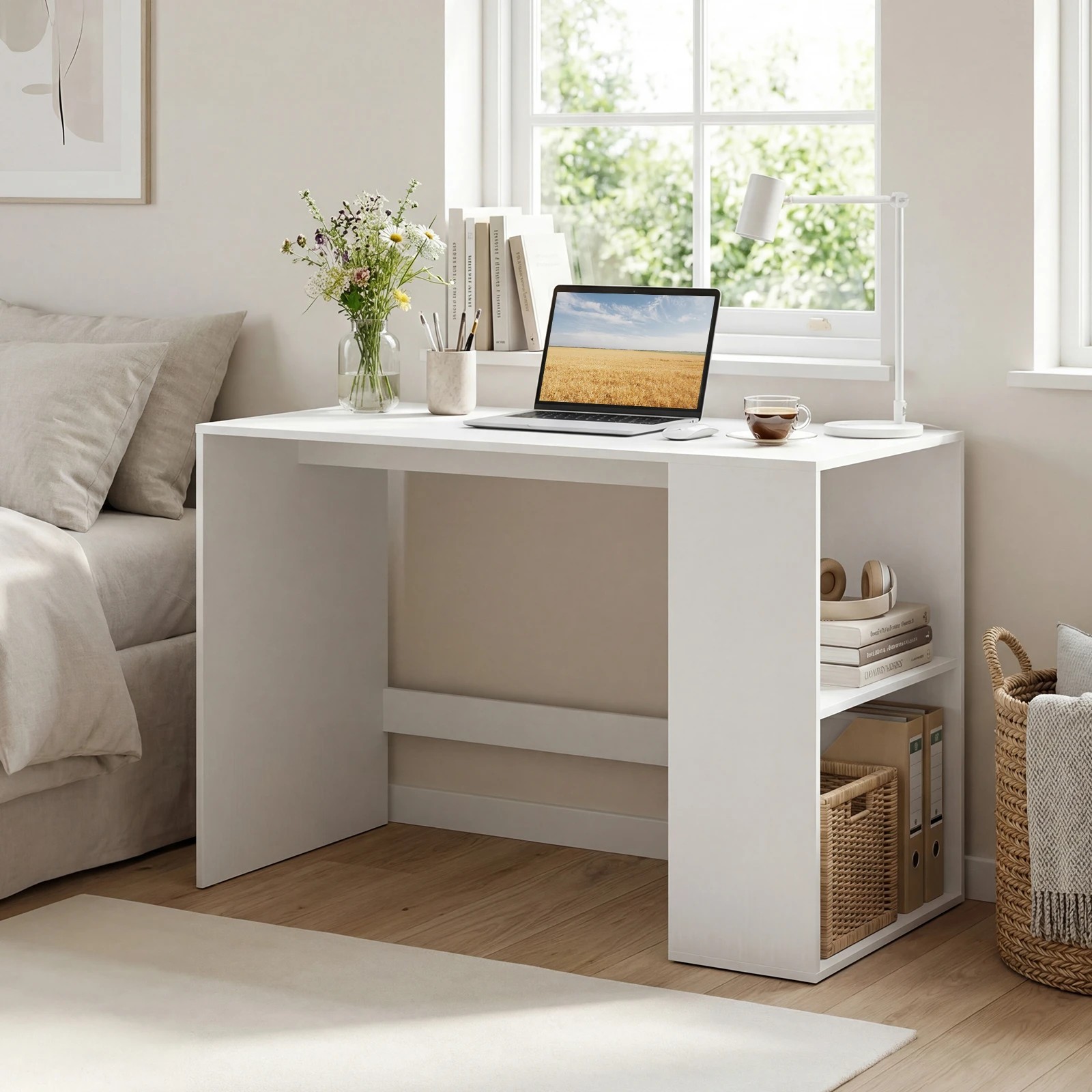 3 Costway 112cm Computer Desk w/2-Tier Bookshelf Study Writing Table - White, 3 of 6