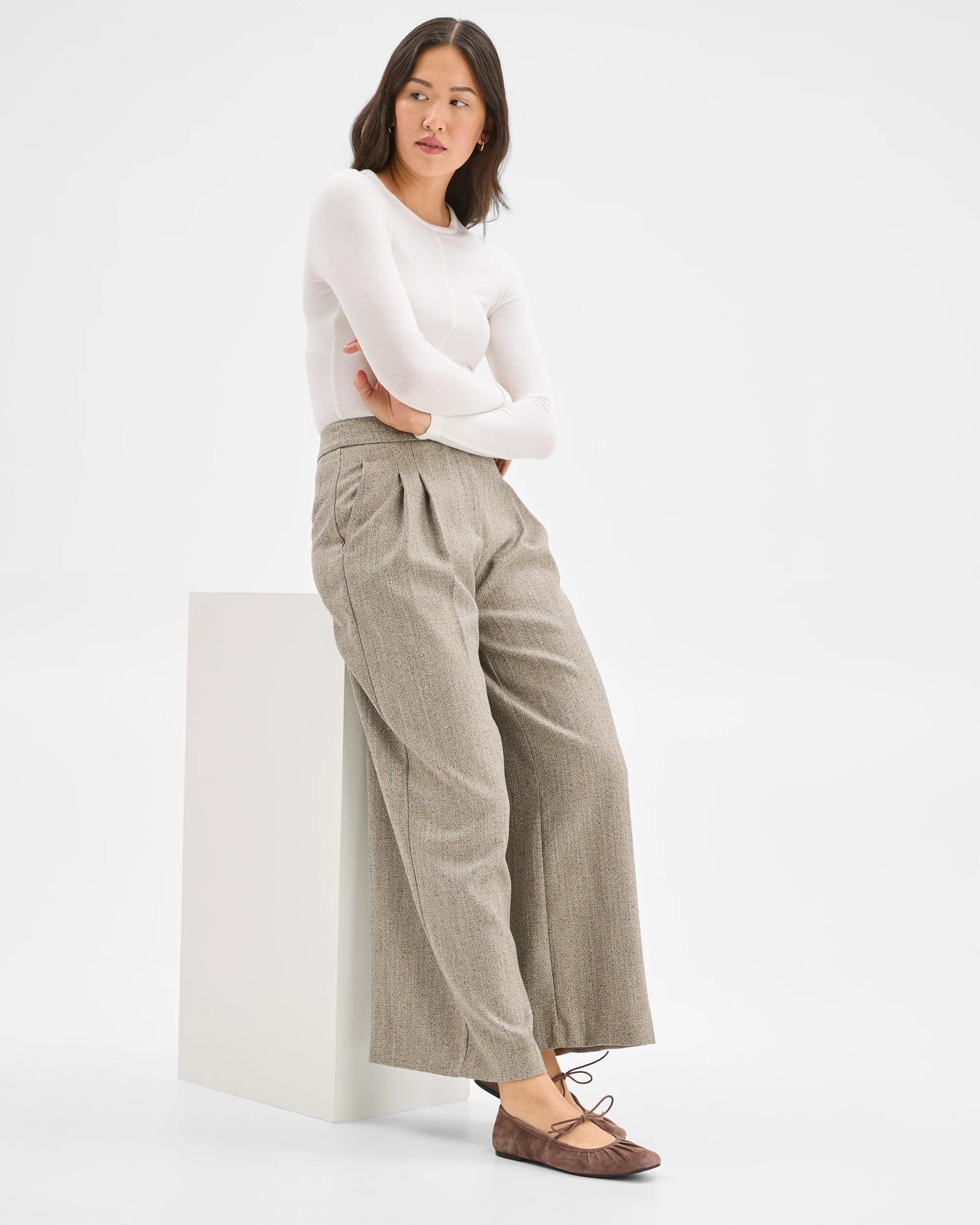 3 Preview Herringbone Wide Leg Pants BROWN TWEED, 3 of 10
