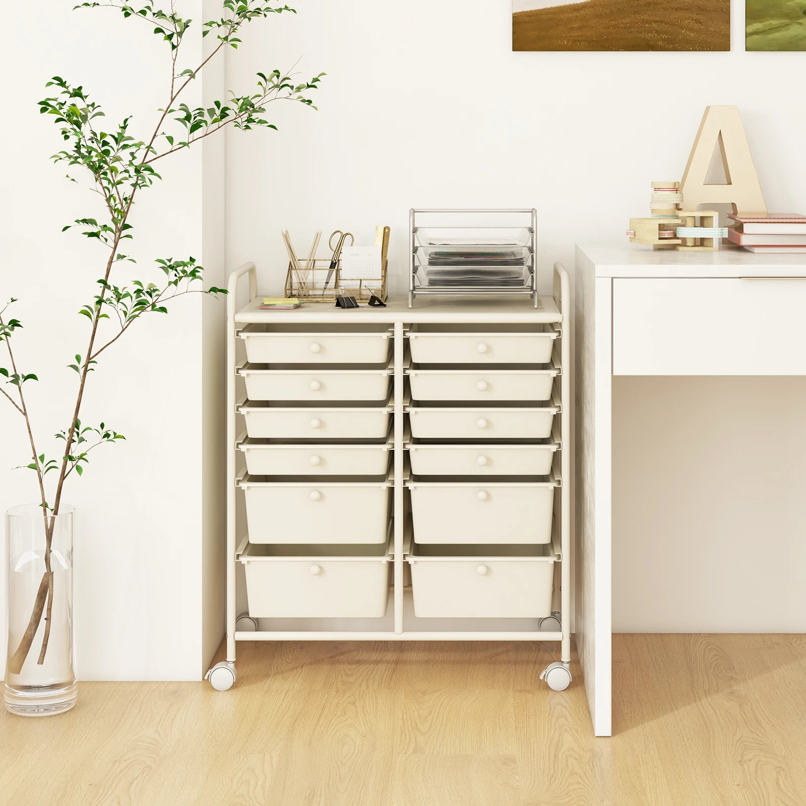3 Costway 12 Drawers Rolling Storage Trolley Cart Filing Organizer - White, 3 of 4