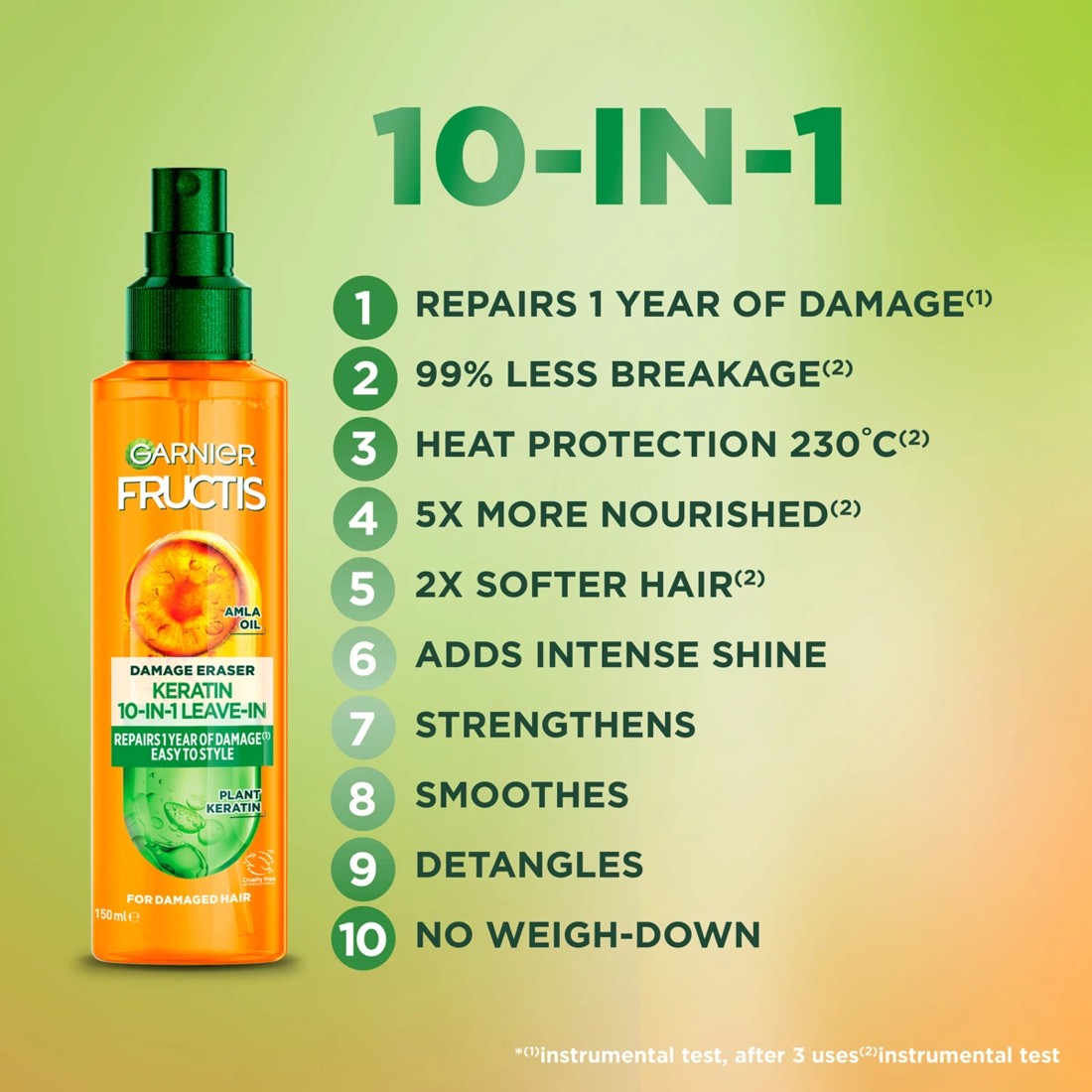3 Garnier Fructis 10-in-1 Leave-In Damage Eraser Spray 150ml - Marula Oil and 2 Percent Keratin Repair Complex, 3 of 9