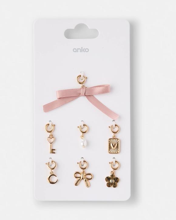 7  Pack Hearts and Bow Charms - Gold Tone