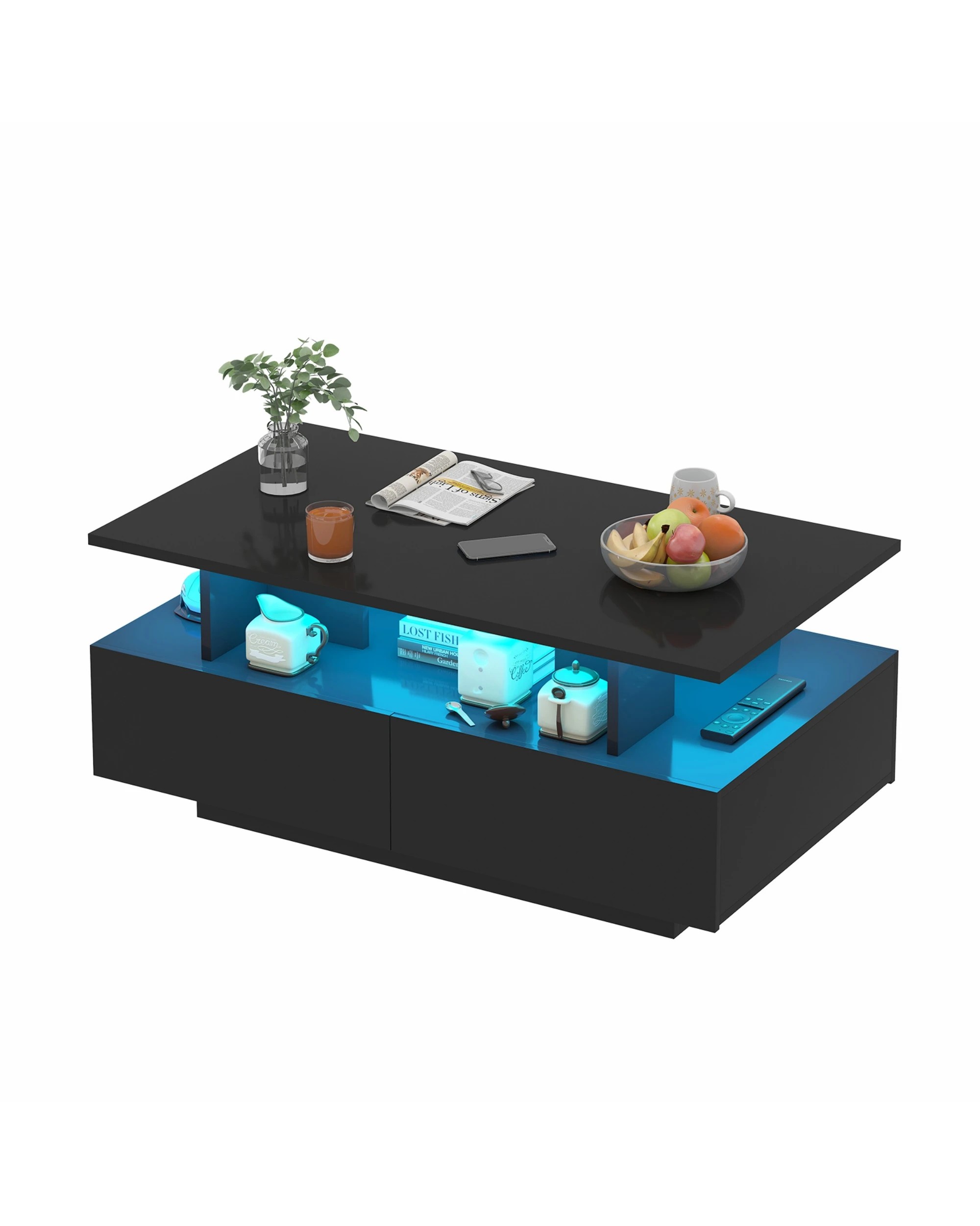 7 Advwin LED Coffee Table w/ 4 Storage Drawers High Gloss Central Table w/ Open Display Shelf, 7 of 9
