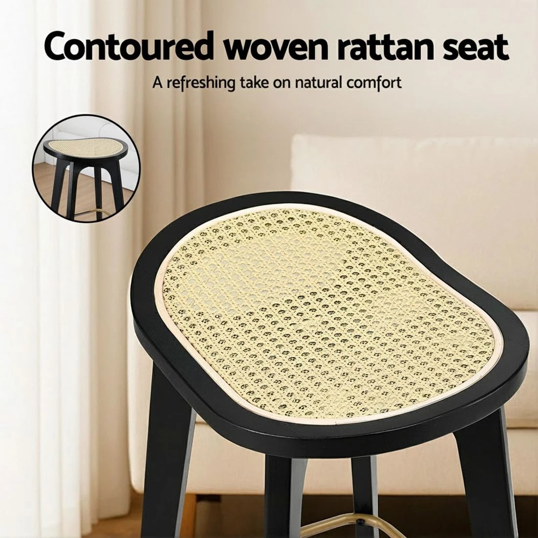 5 Artiss 2x Bar Stools Rattan Counter Kitchen Dinning Chair Bamboo Saddle - Black, 5 of 7