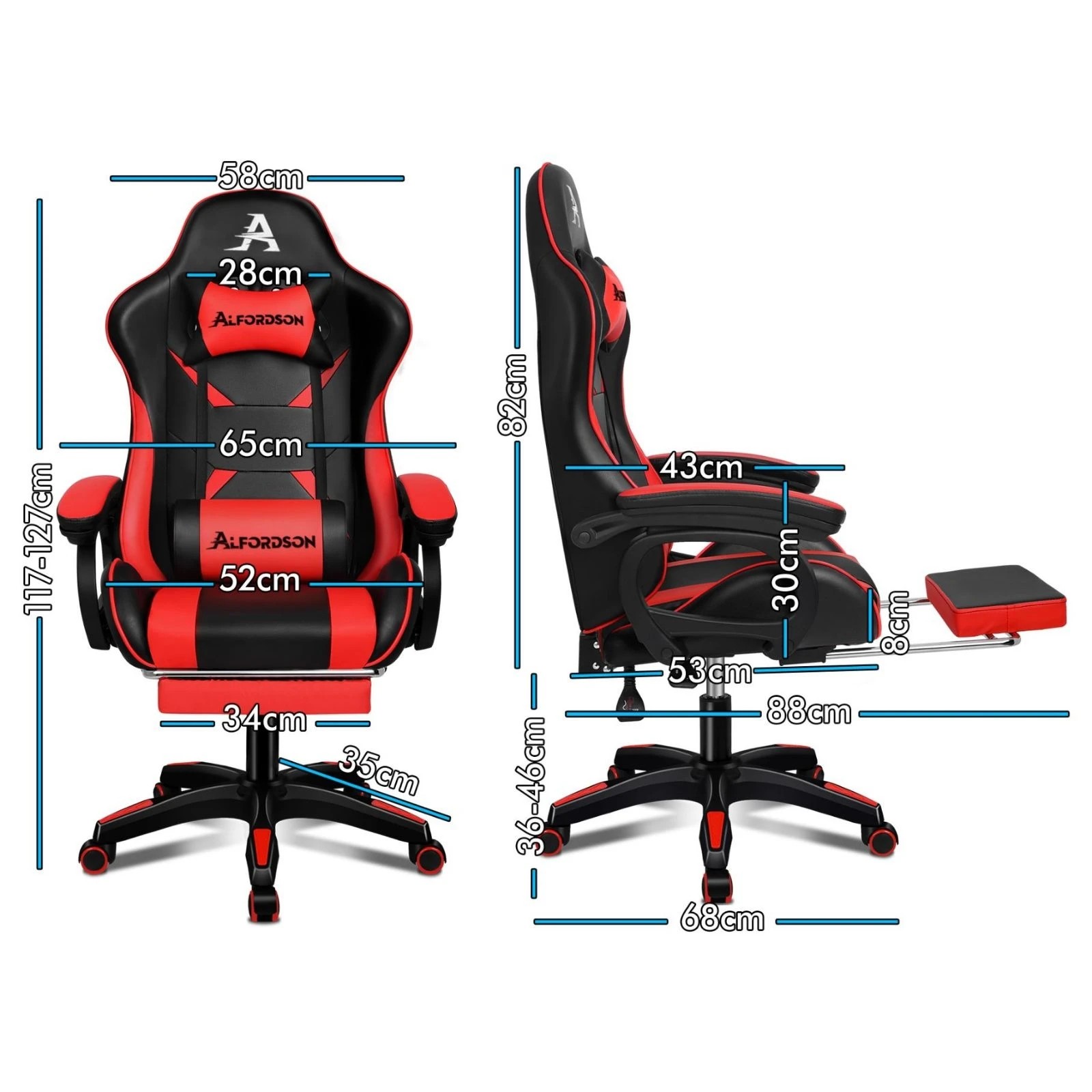 3 Alfordson Gaming Office Chair Racing Massage Computer Seat Footrest Leather - Red, 3 of 10