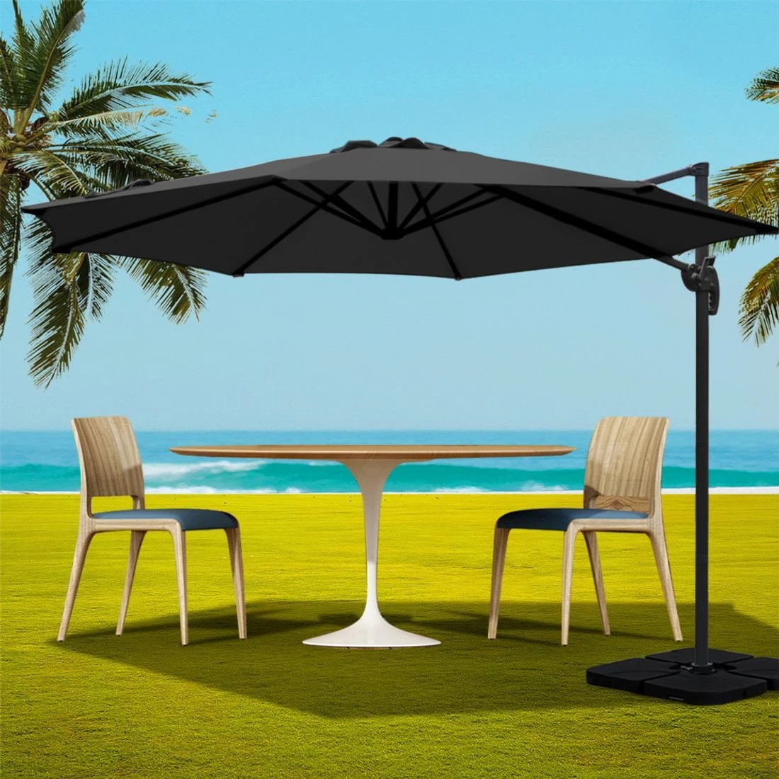 3 Instahut 3m Outdoor Umbrella w/Base Cantilever Beach Roma 360 Degree Tilt - Black, 3 of 7