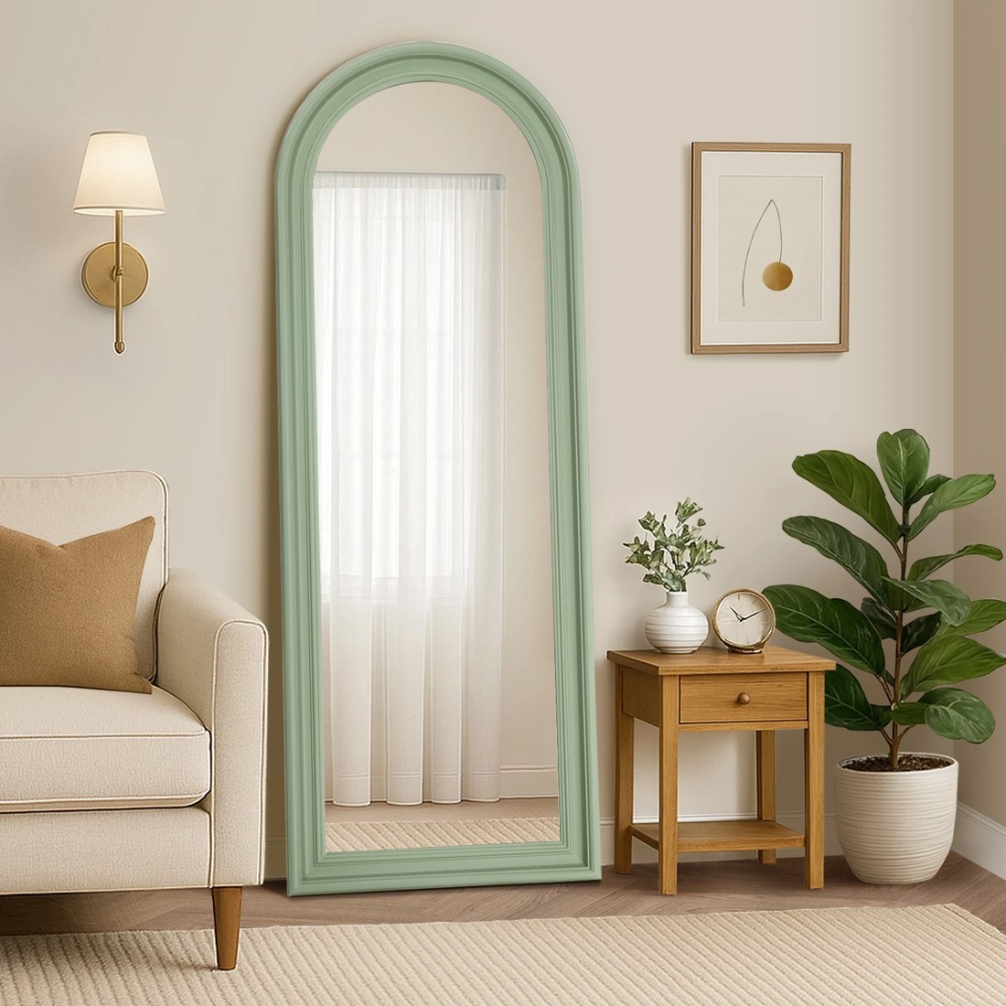 3 Oikiture Full Length Mirror Elegance Arch 165x60cm Wood Floor Mirrors - Green, 3 of 10