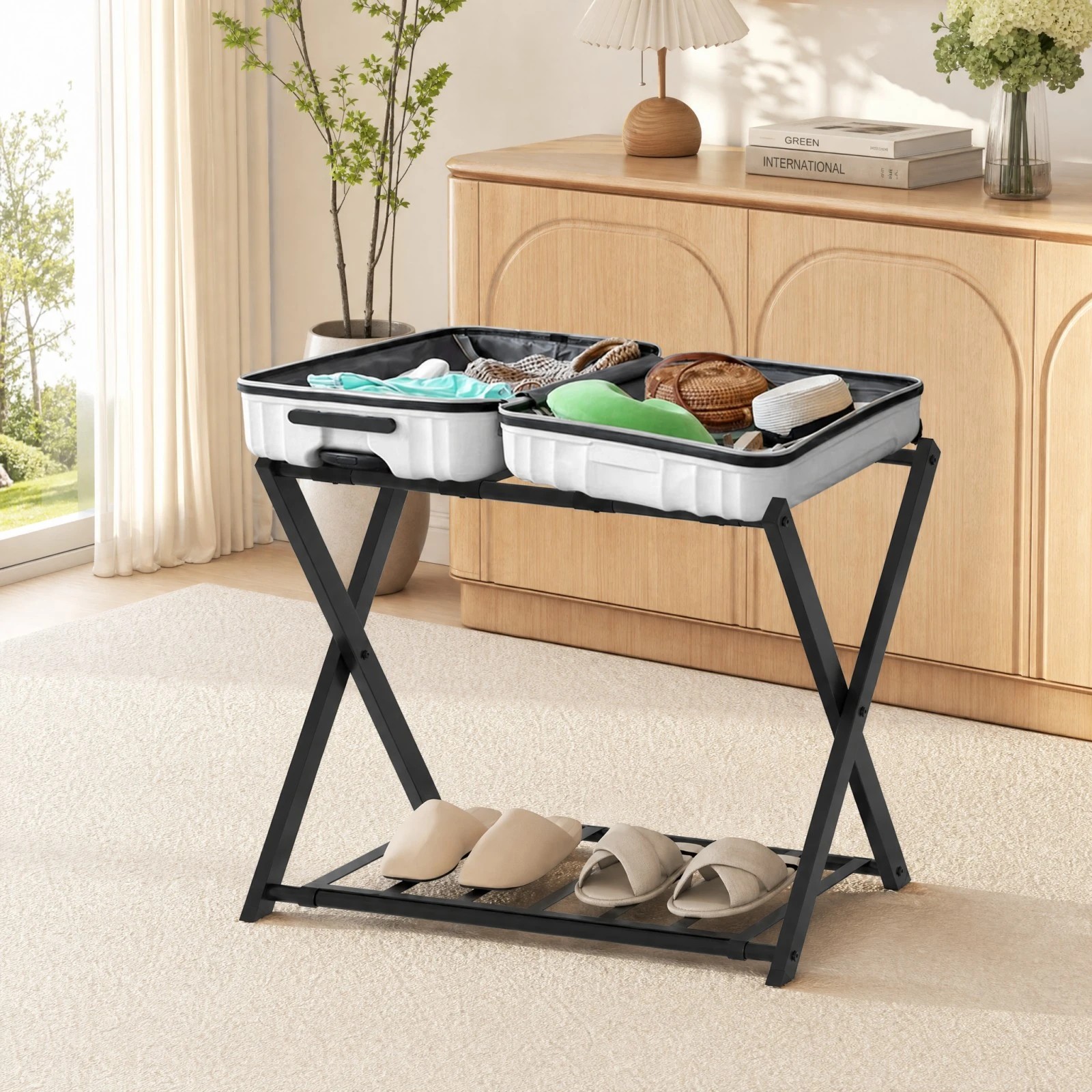 1 Costway 2-Tier Folding Luggage Rack Iron Suitcase Stand w/Shelf Bag Suitcase Storage - Black, 1 of 5