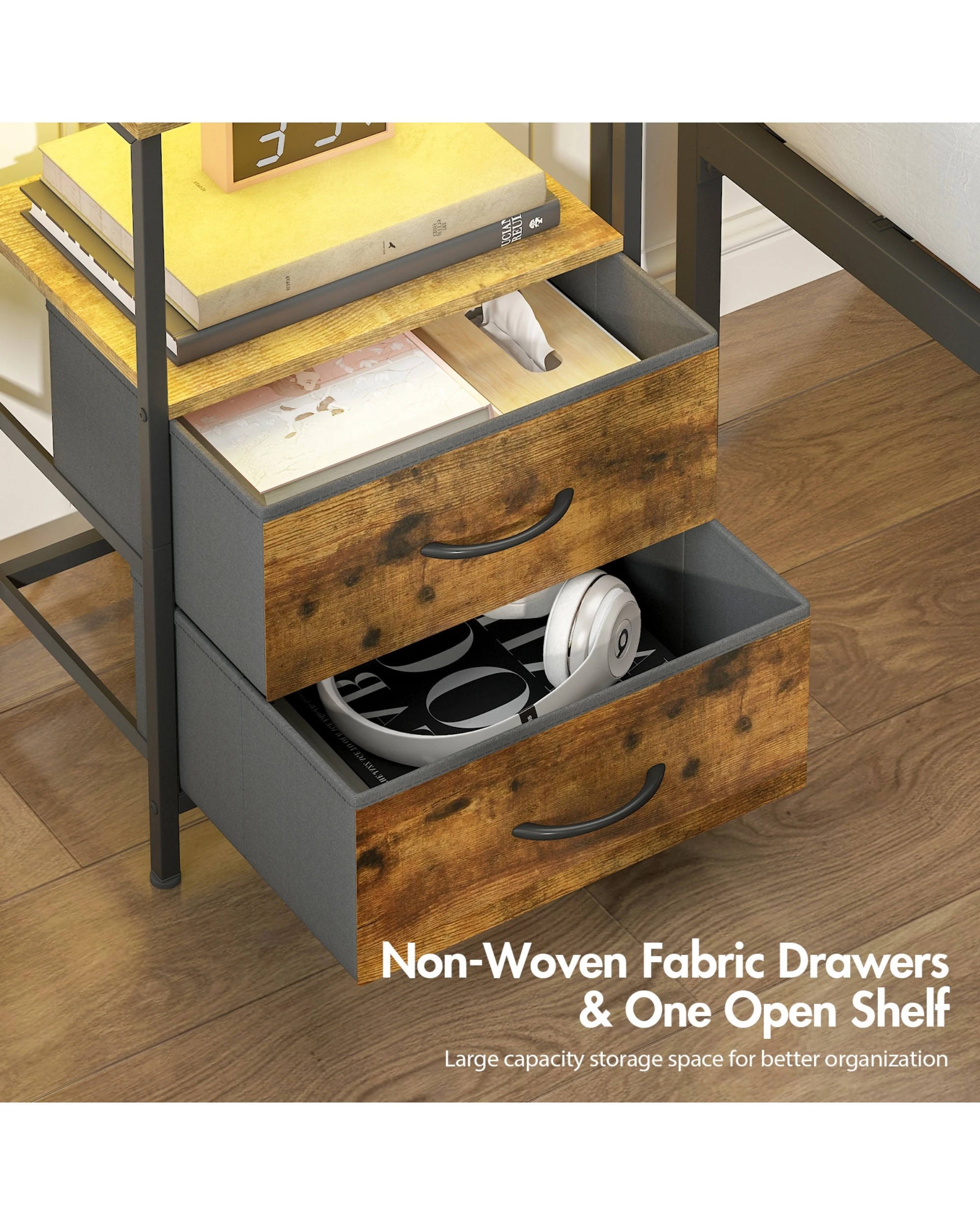 6 Advwin Led Bedside Table With Charging Station 2 Fabric Drawers Nightstand - Brown, 6 of 7