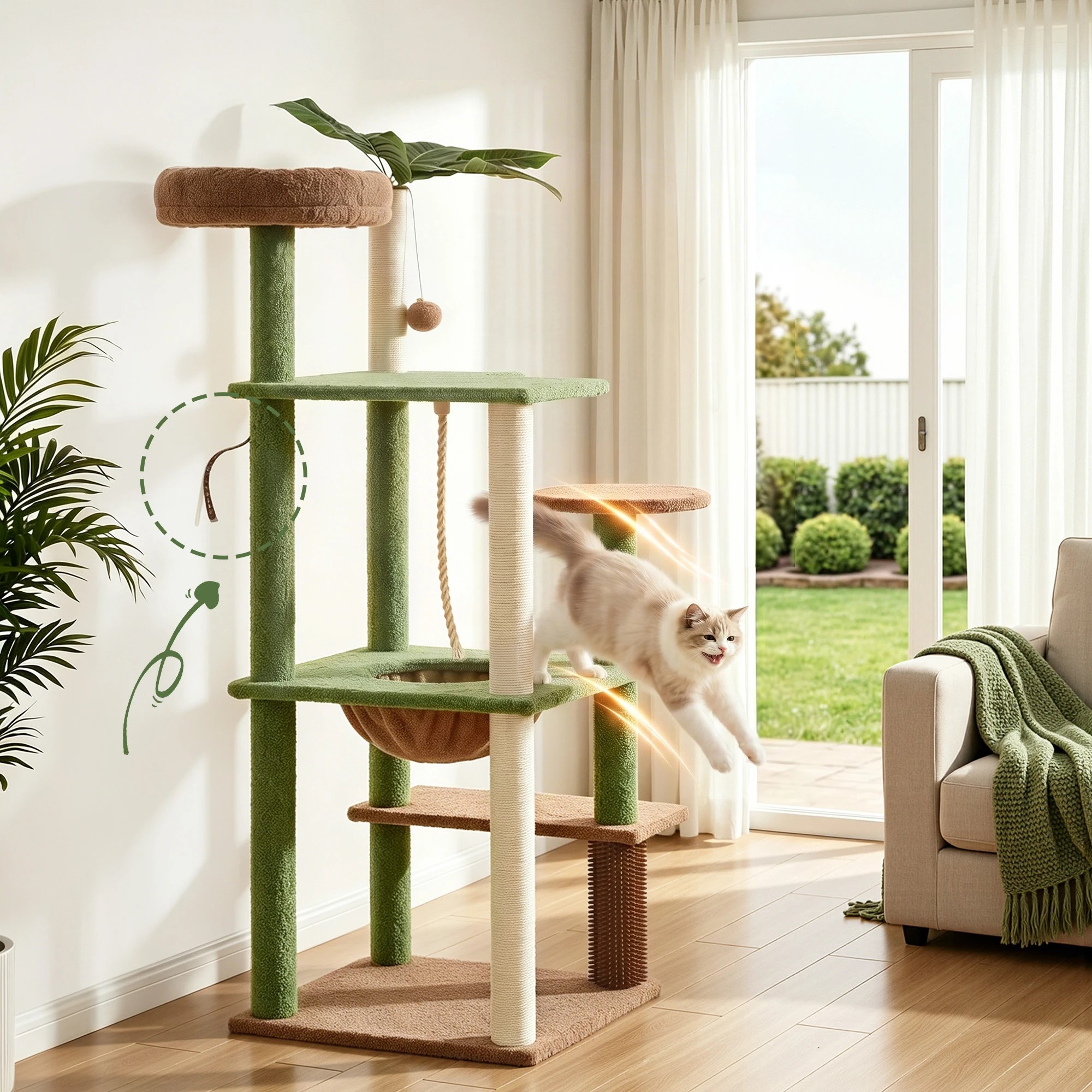 7 i.Pet Cat Tree Tower 152cm Jungle Multi-Level Scratching Post Leafy Canopy - Multi, 7 of 10