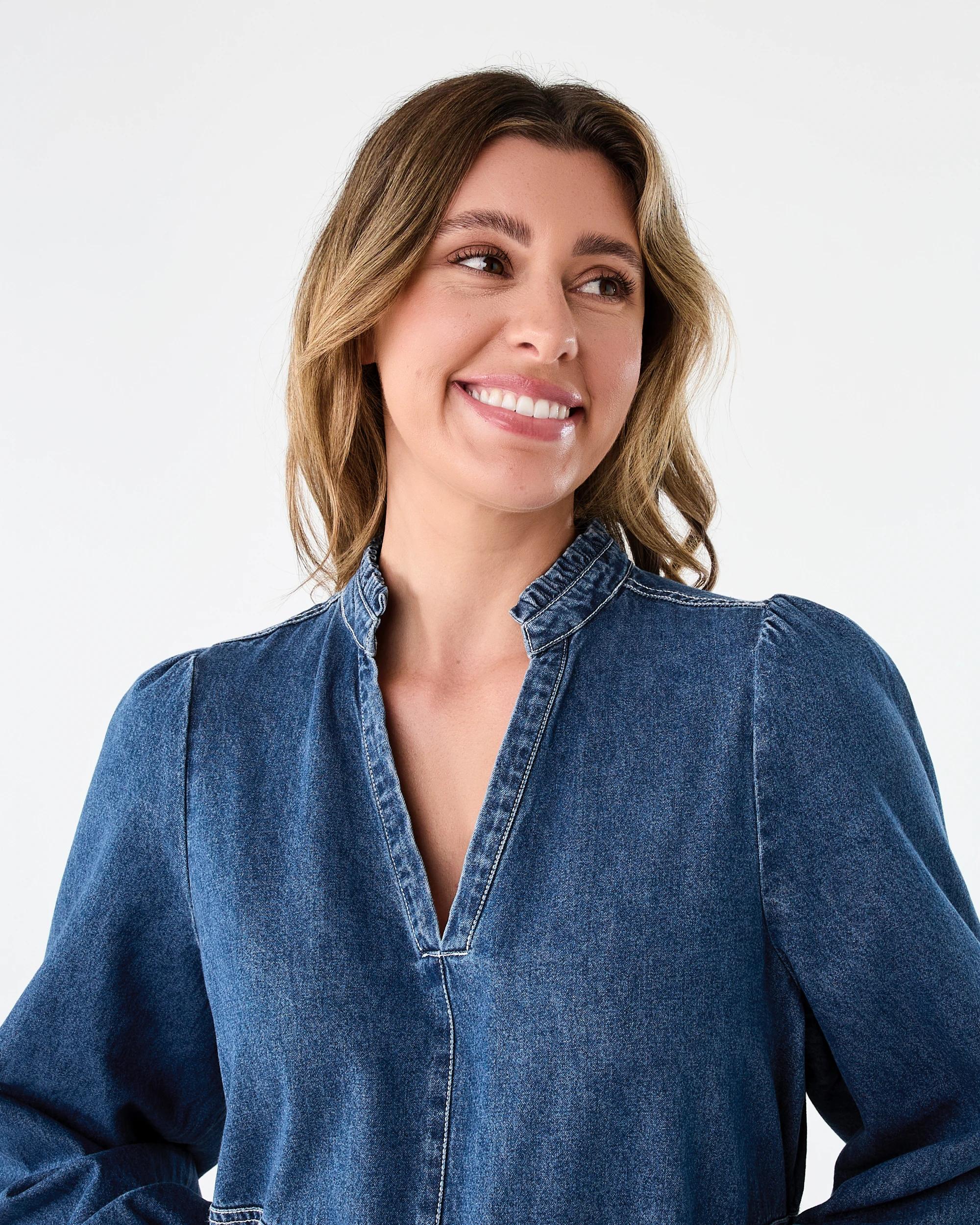 4 Long Sleeve Denim Notch Neck Maxi Dress Mid Wash, 4 of 7