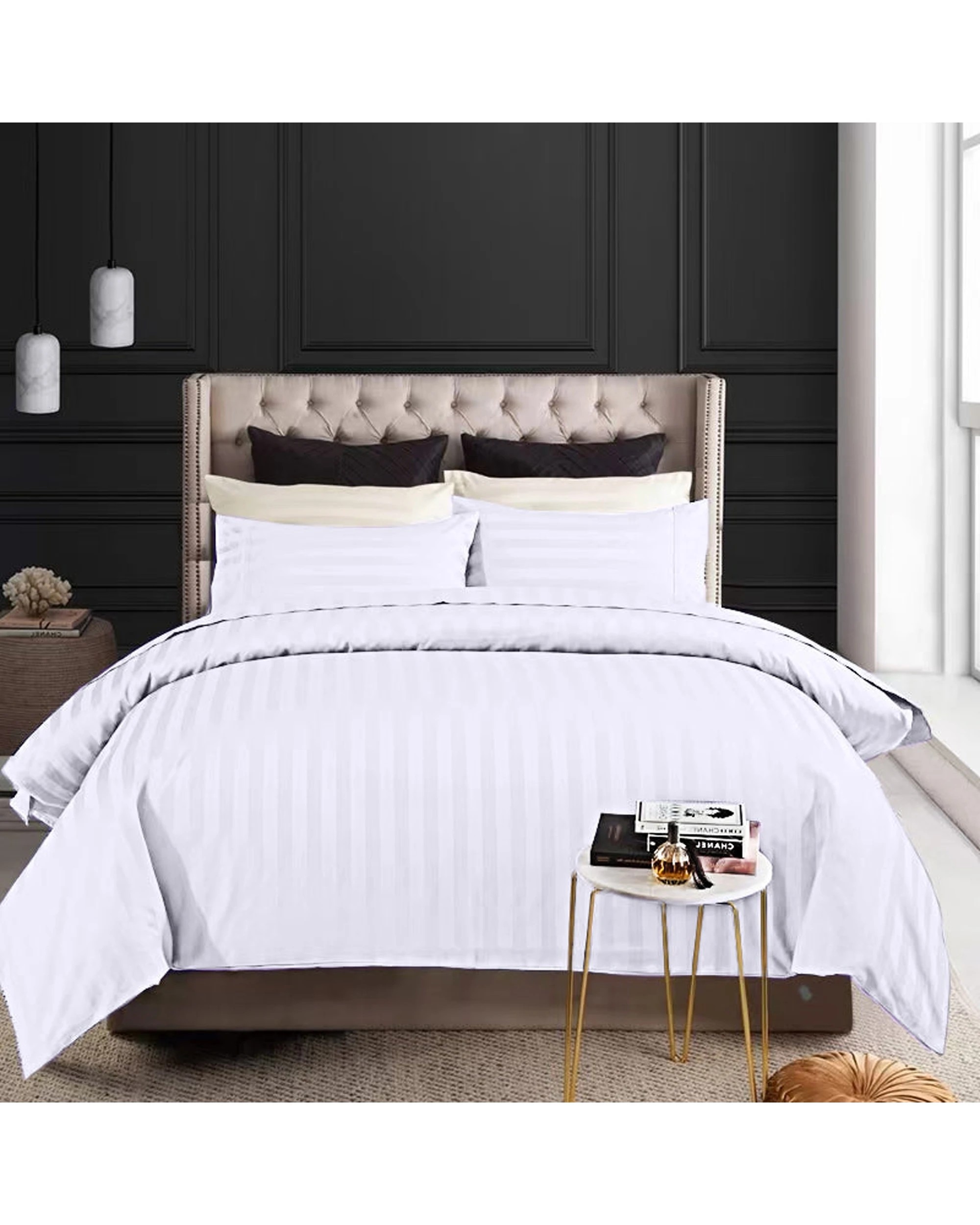1 Cotton More 500TC Cotton 3cm Sateen Striped Quilt Cover Set Single - White, 1 of 6