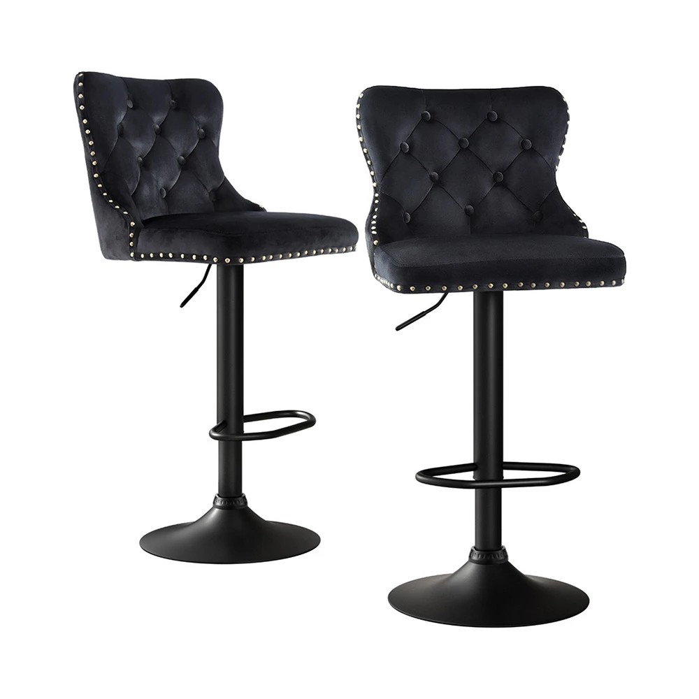 1 Artiss 2x Velvet Bar Stool Adjustable Height Nailhead Trim Kitchen Counter Stool - Black, 1 of 5