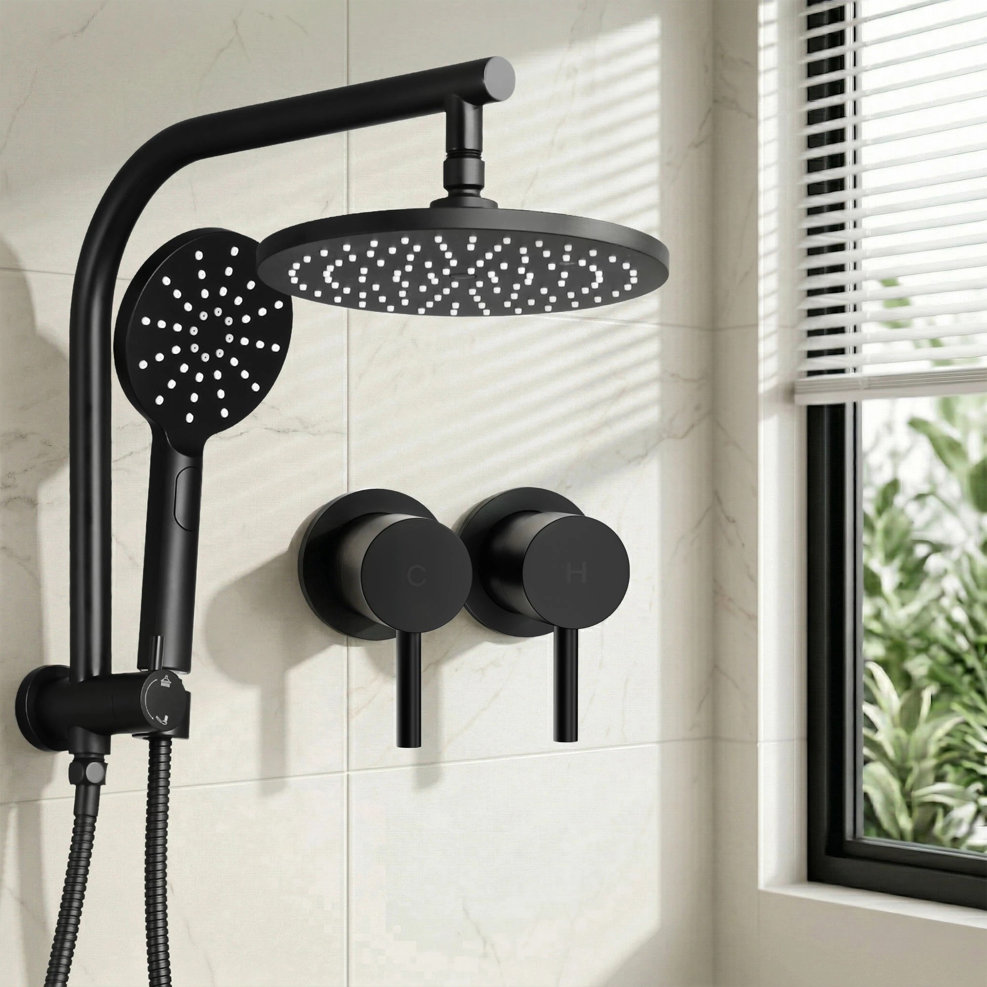 9 Cefito 9'' Rain Shower Head Set Handheld Round High Pressure Twins Tap Chrome - Black, 9 of 9