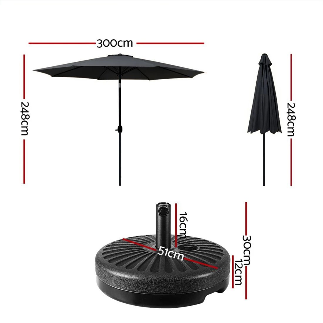 2 Instahut Outdoor Umbrella 3m Base Beach Pole Garden Tilt Sun Patio UV - Black, 2 of 6