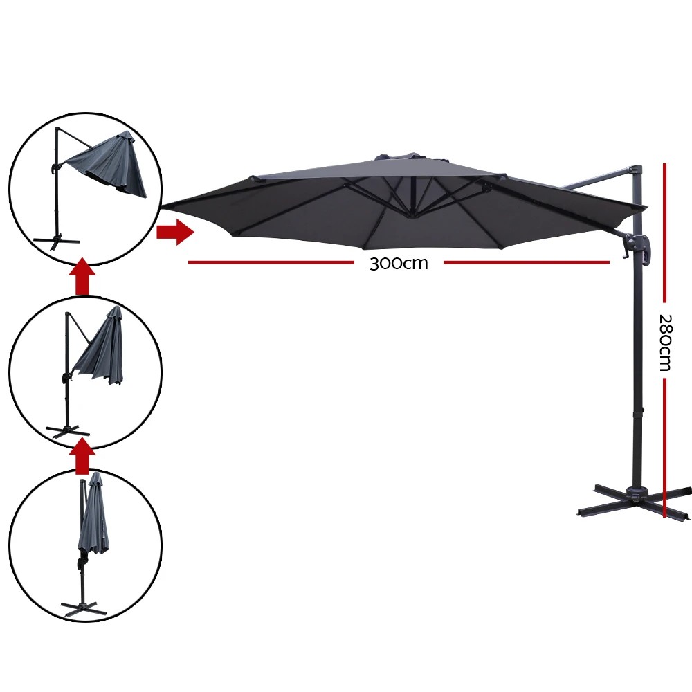 2 Instahut 3m Outdoor Umbrella Cantilever 360 Degree Tilt Beach Roma - Charcoal, 2 of 7