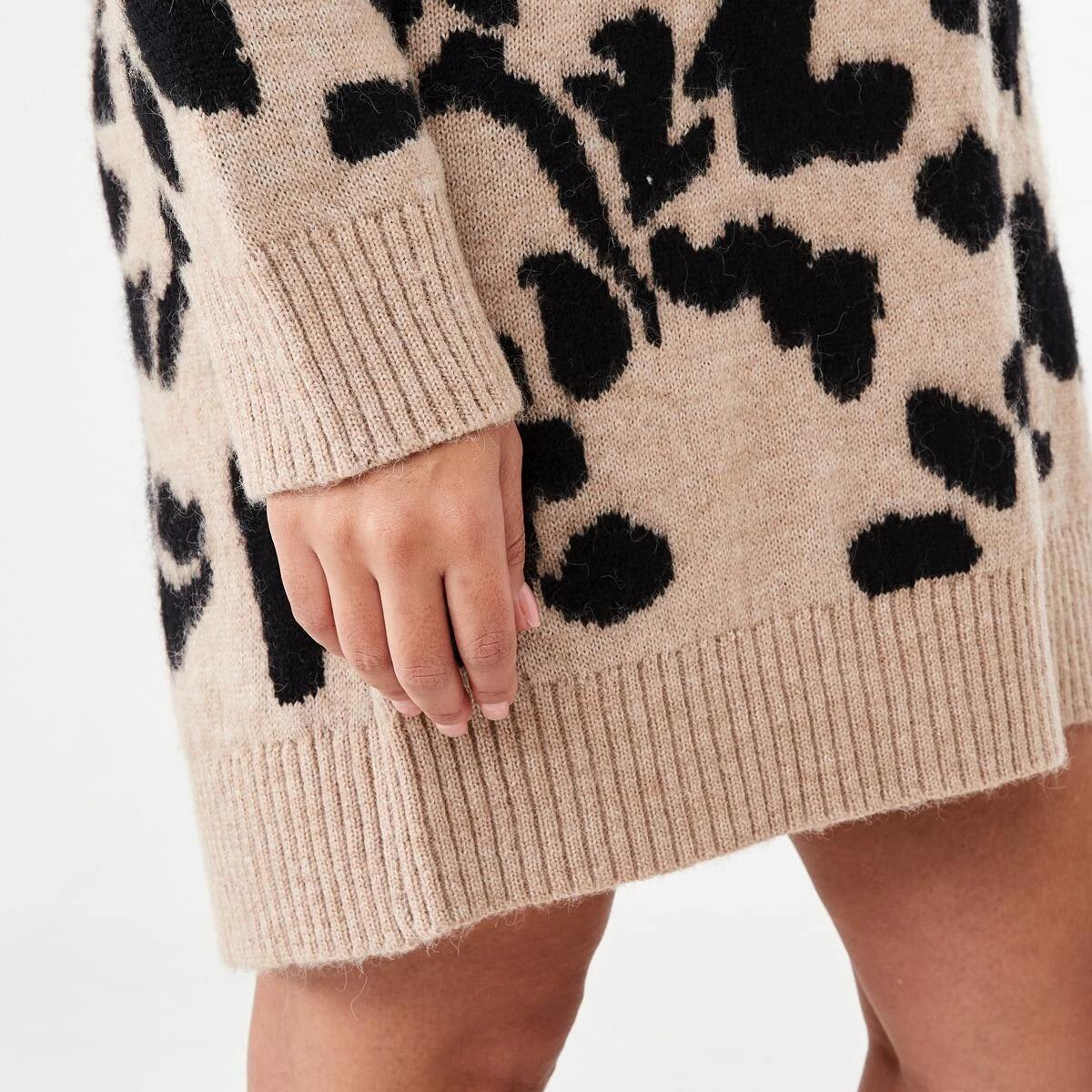 6 Long Balloon Sleeve Knit Mini Dress Leopard, 6 of 7