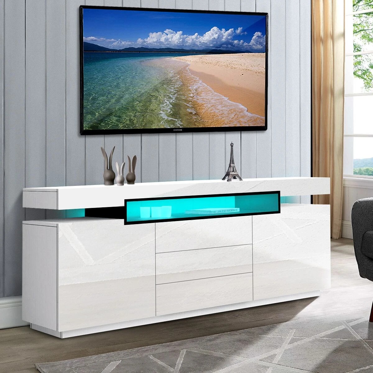 5 Ausway LED Sideboard TV Stand Cabinet Entertainment Unit Buffet Table High Gloss 3 Drawers, 5 of 8