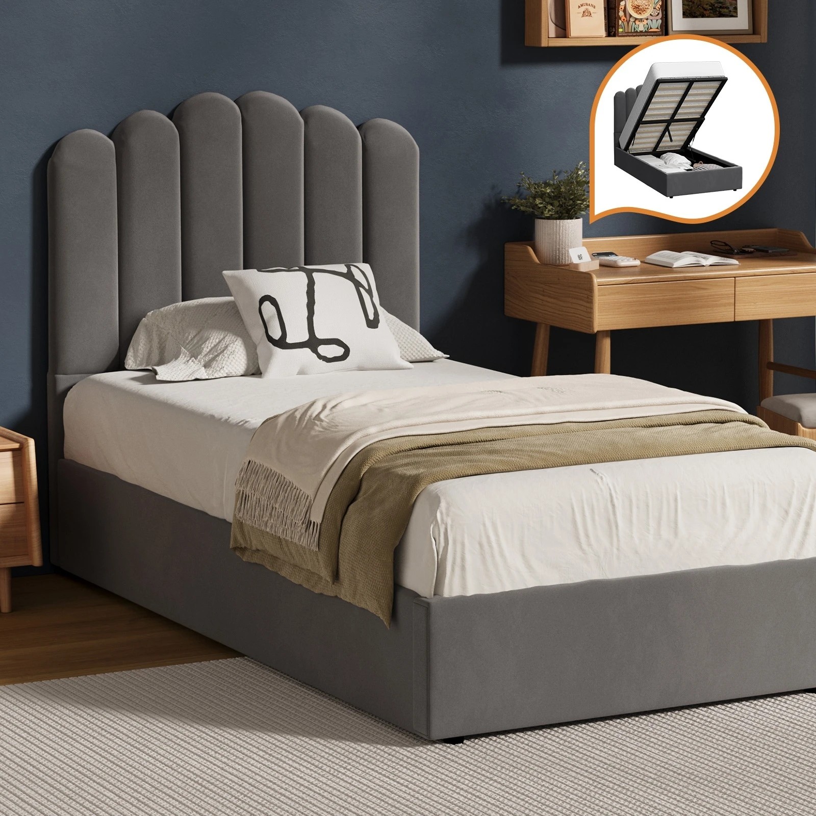 3 Oikiture Bed Frame King Single Size Gas Lift Bed Base With Storage Velvet KLON - Grey, 3 of 9