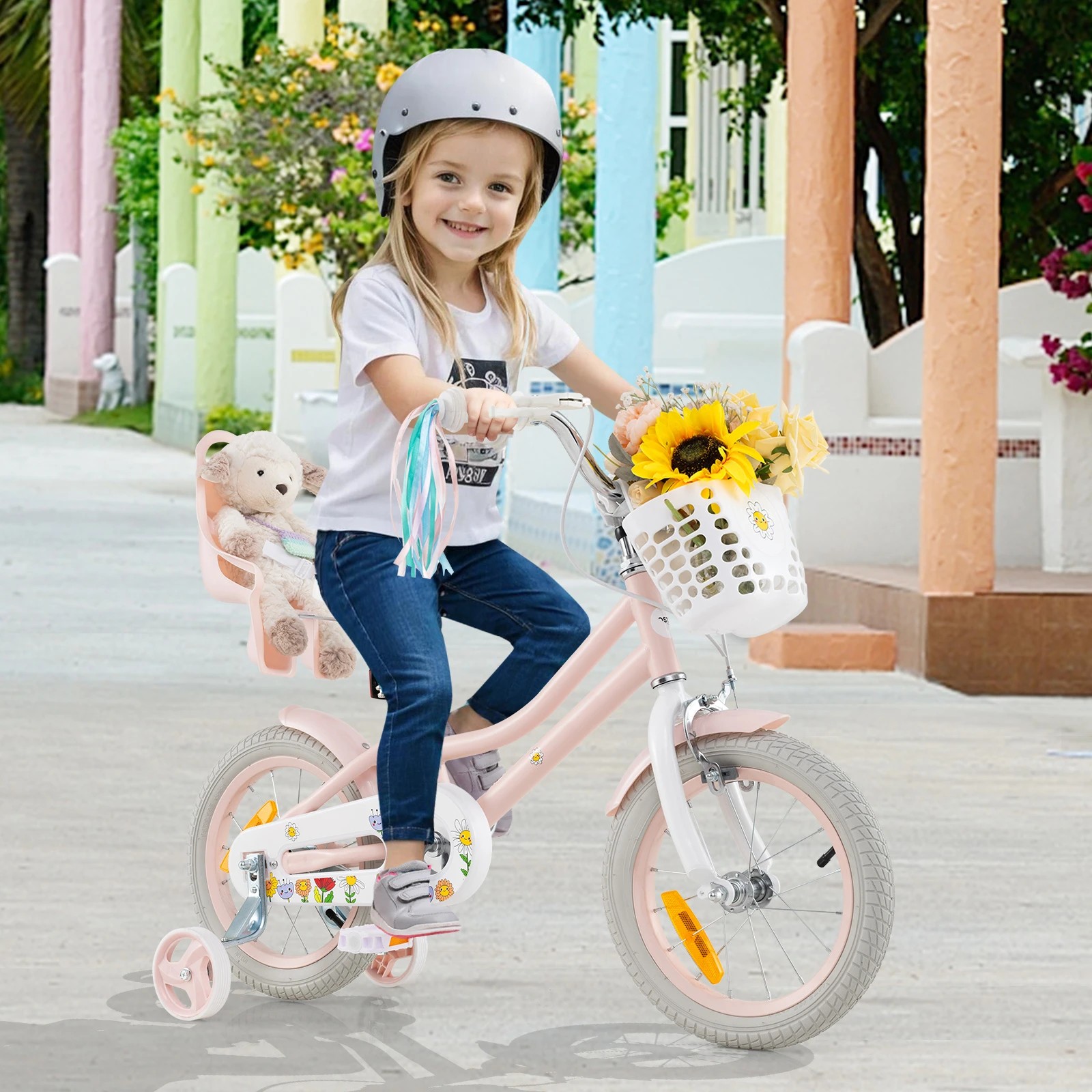 3 Costway 36cm Kids Bike Bicycle Ride-on w/Training Wheels & Doll Seat & Front Basket Beginner - Pink, 3 of 4