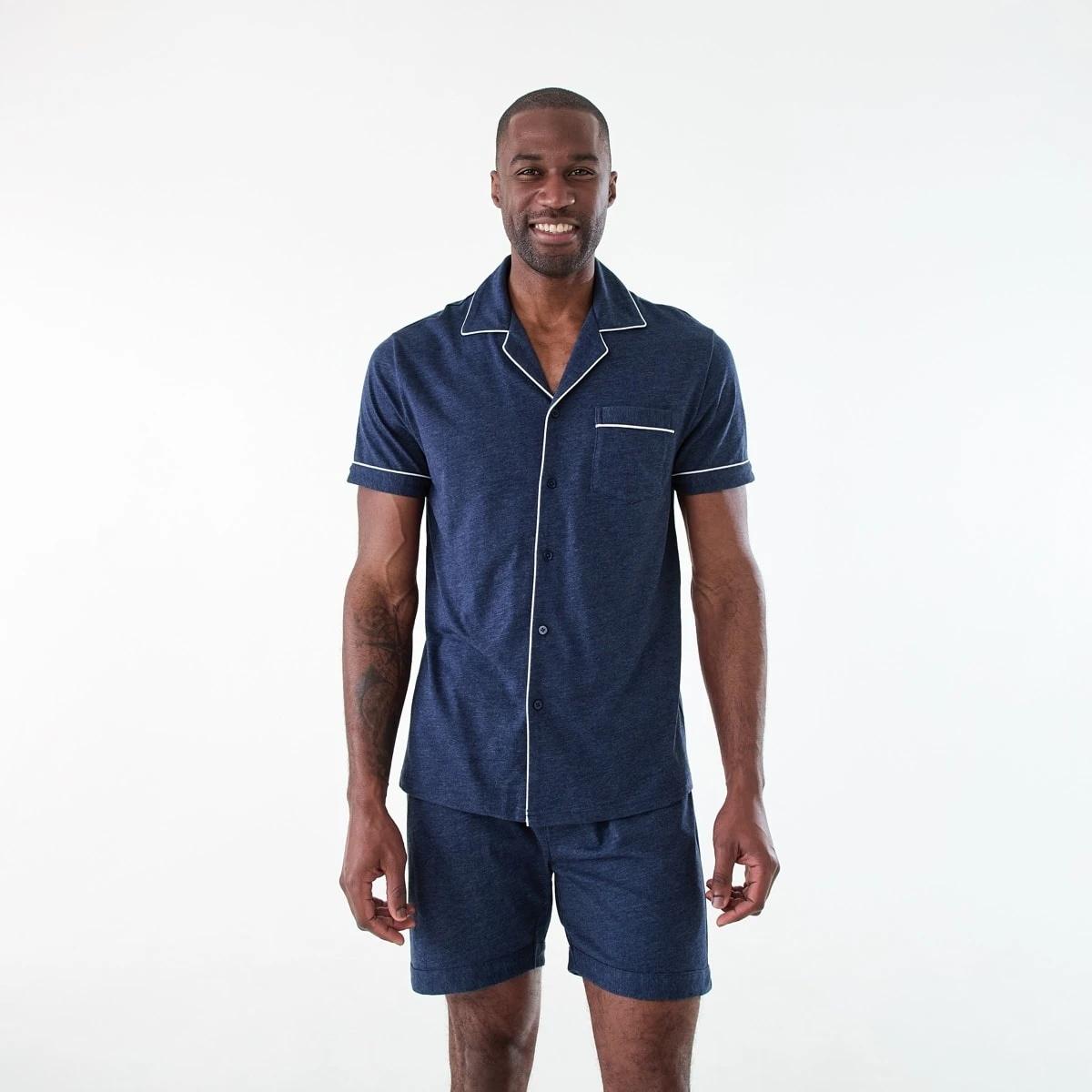 1 Short Sleeve Button Through Knit Pyjama Set NAVY MARLE, 1 of 8