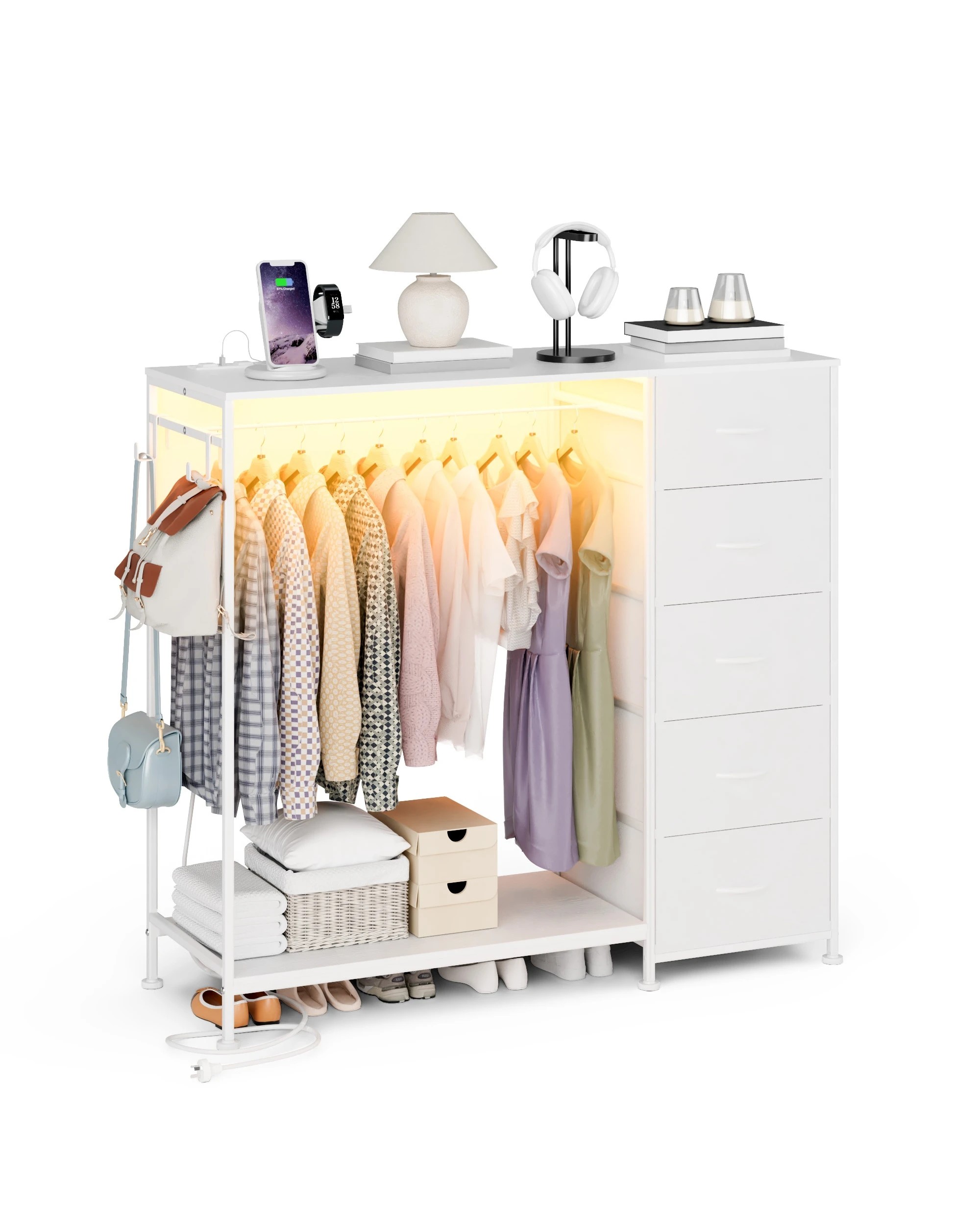 4 Advwin Fabric Chest of Drawers Clothes Rack Dresser with Hanging Rack - White, 4 of 7