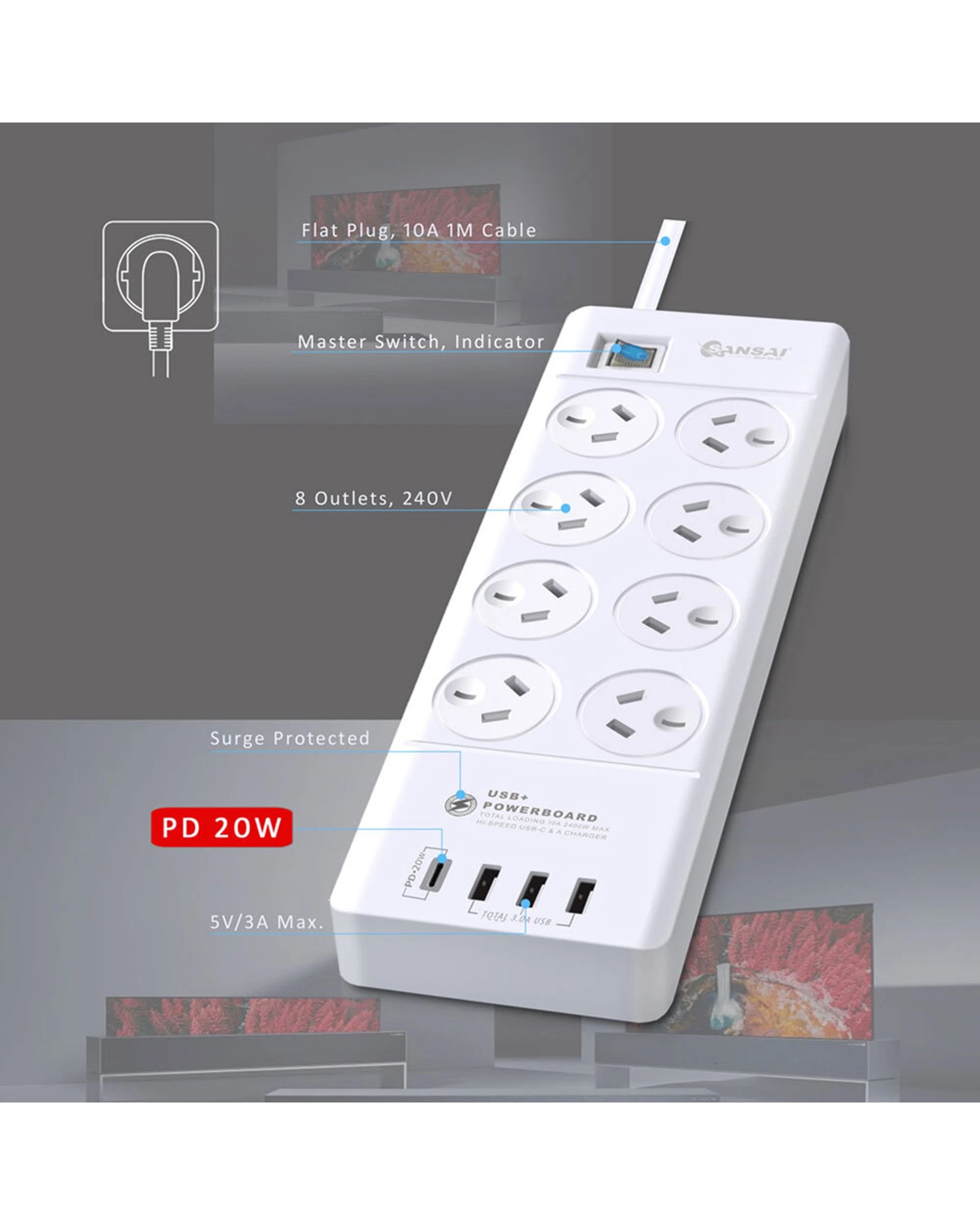 5 Sansai 8 Way Power Outlet 2400W Surge Protected Board Charger Ports USB A to C - White, 5 of 5