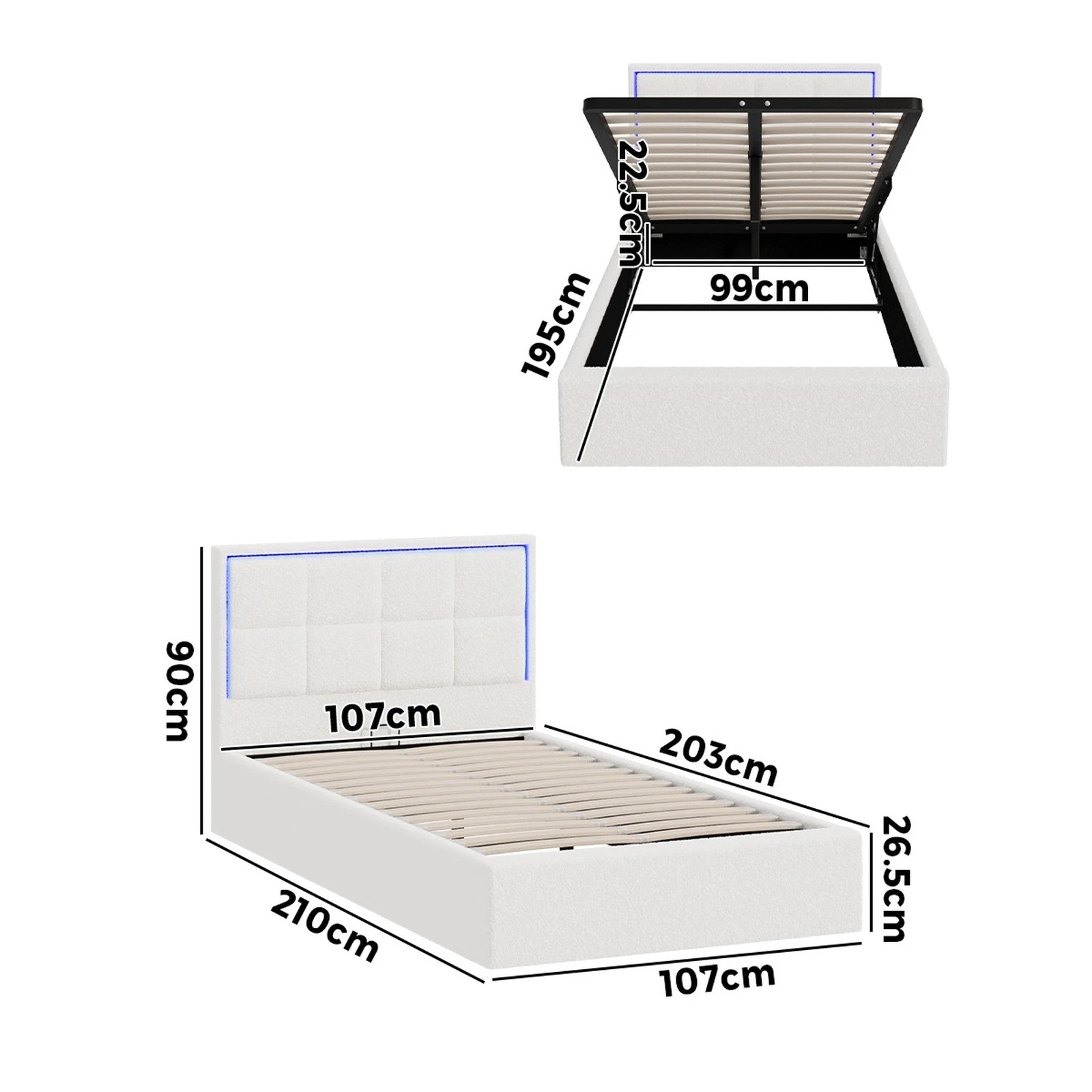 2 Oikiture Bed Frame King Single Size RGB LED Gas Lift Storage Base White Boucle - White, 2 of 9