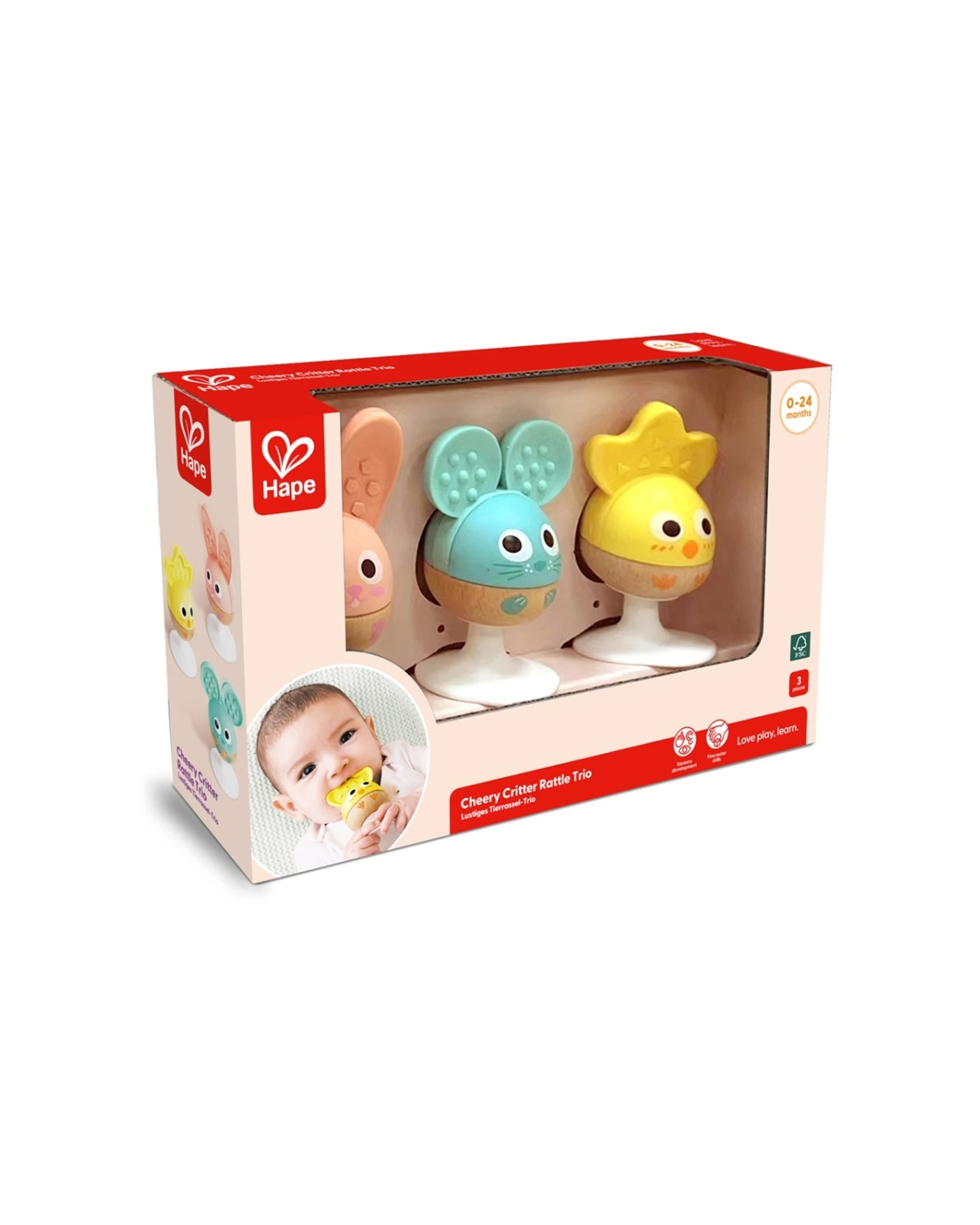 1 Hape Cheery Critter Rattle Trio Baby Toy Plus Mouse Rabbit Chick Silicone Ears Rattles Set - Multi, 1 of 4