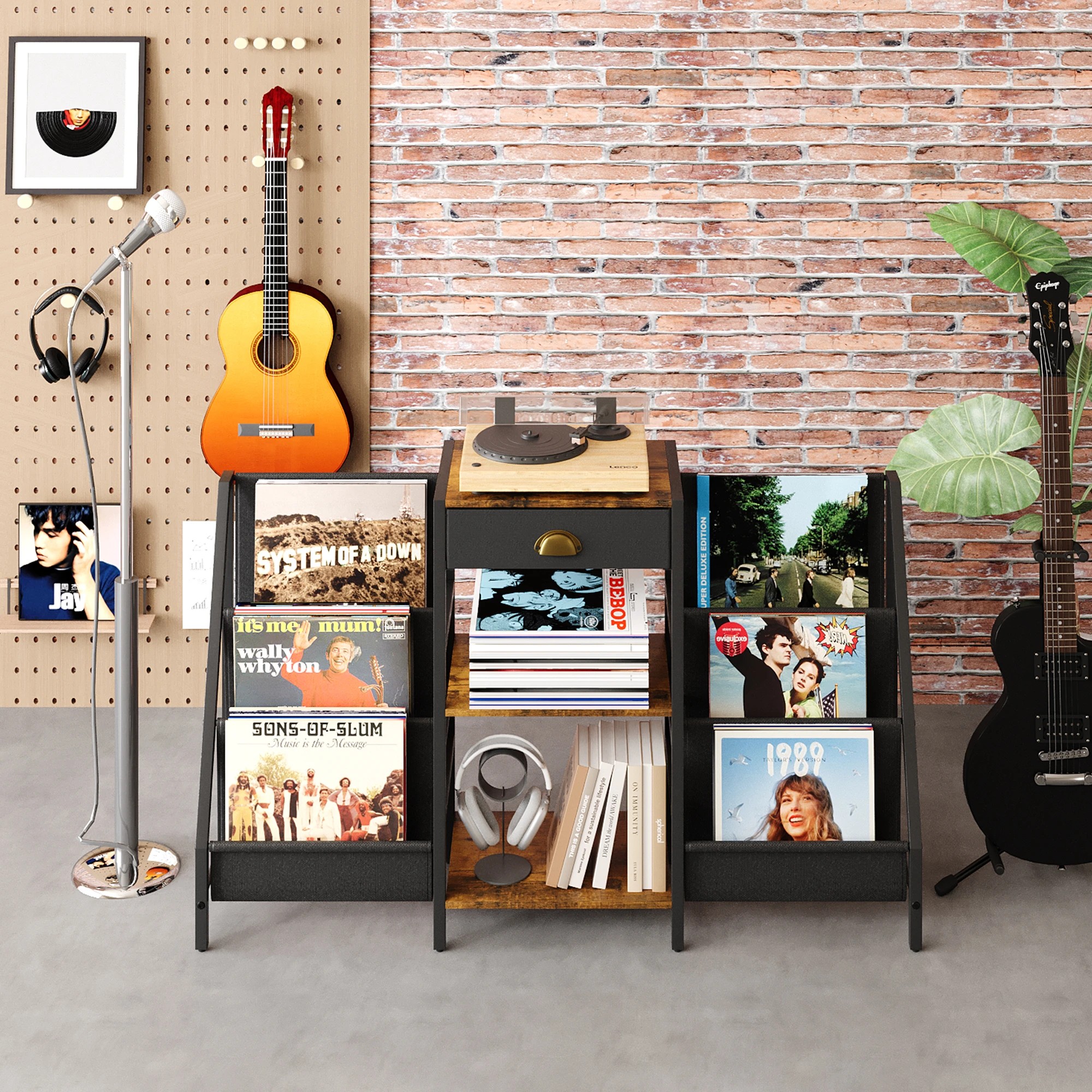 8 Advwin Storage Record Player Stand w/6 Pockets and Drawer Record Table Stand Storage Up to 200 Albums, 8 of 10