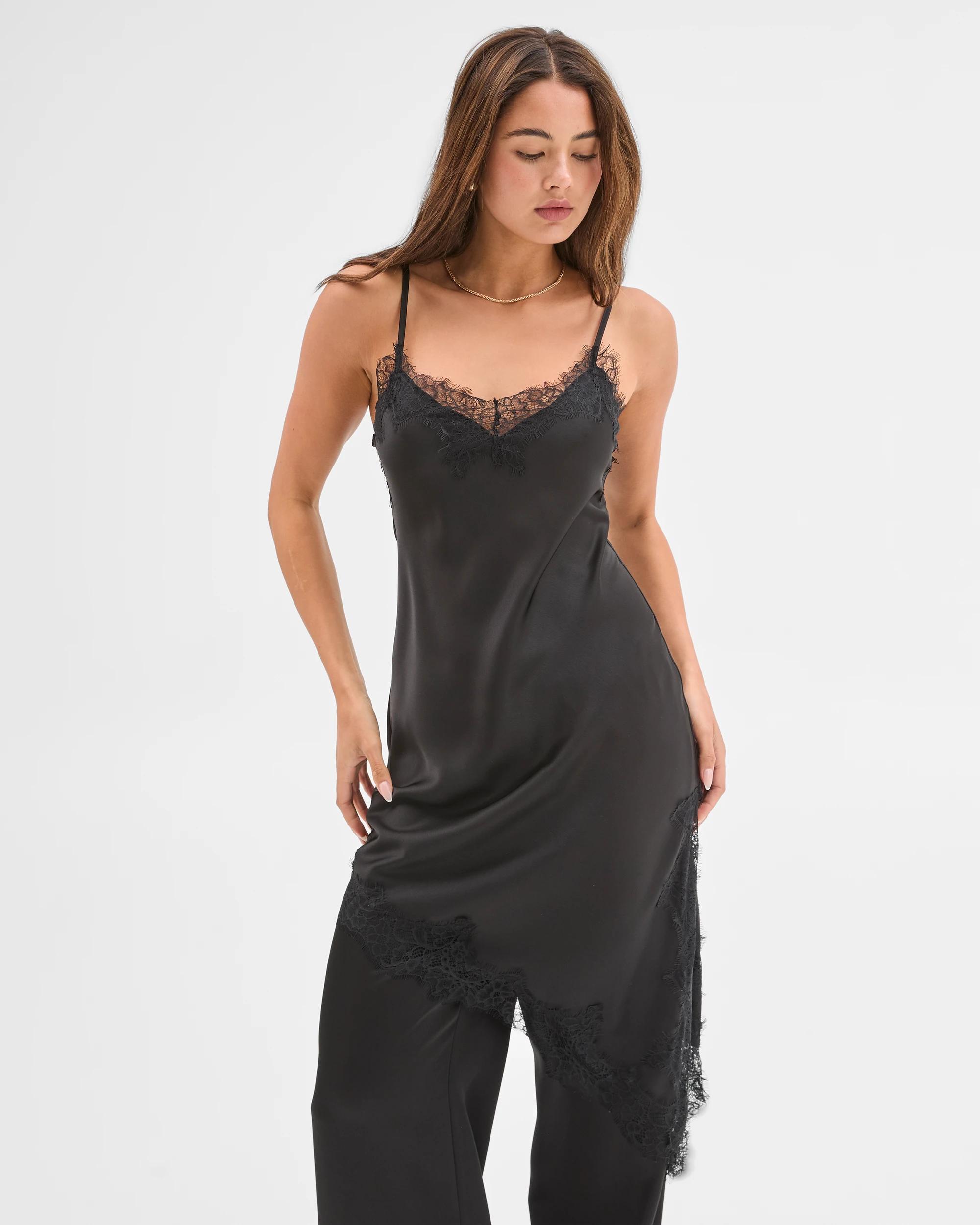 4 Lily Loves Satin Lace Trim Cami Midi Dress BLACK, 4 of 6