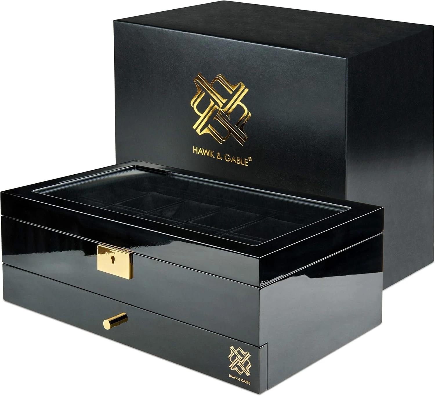 3 HAWK & GABLE 12 Slot Watch Box Organizer with Drawer Luxury Piano Finish Case PIANO BLACK, 3 of 9